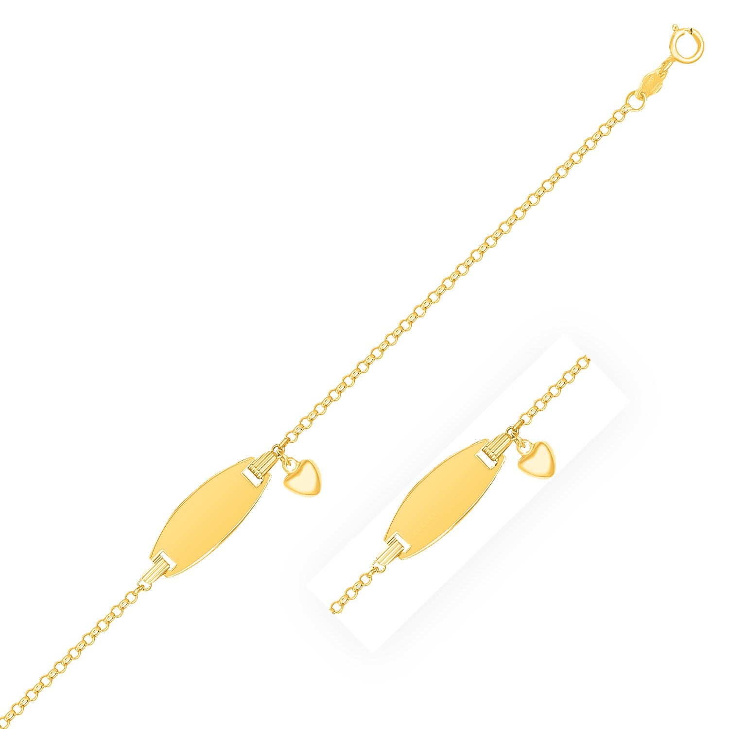 14k yellow gold cable chain ID bracelet with an oval plate and heart charm.