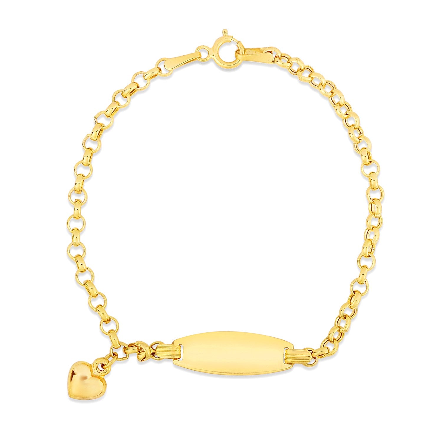 14k yellow gold cable chain ID bracelet with a puffed heart charm.