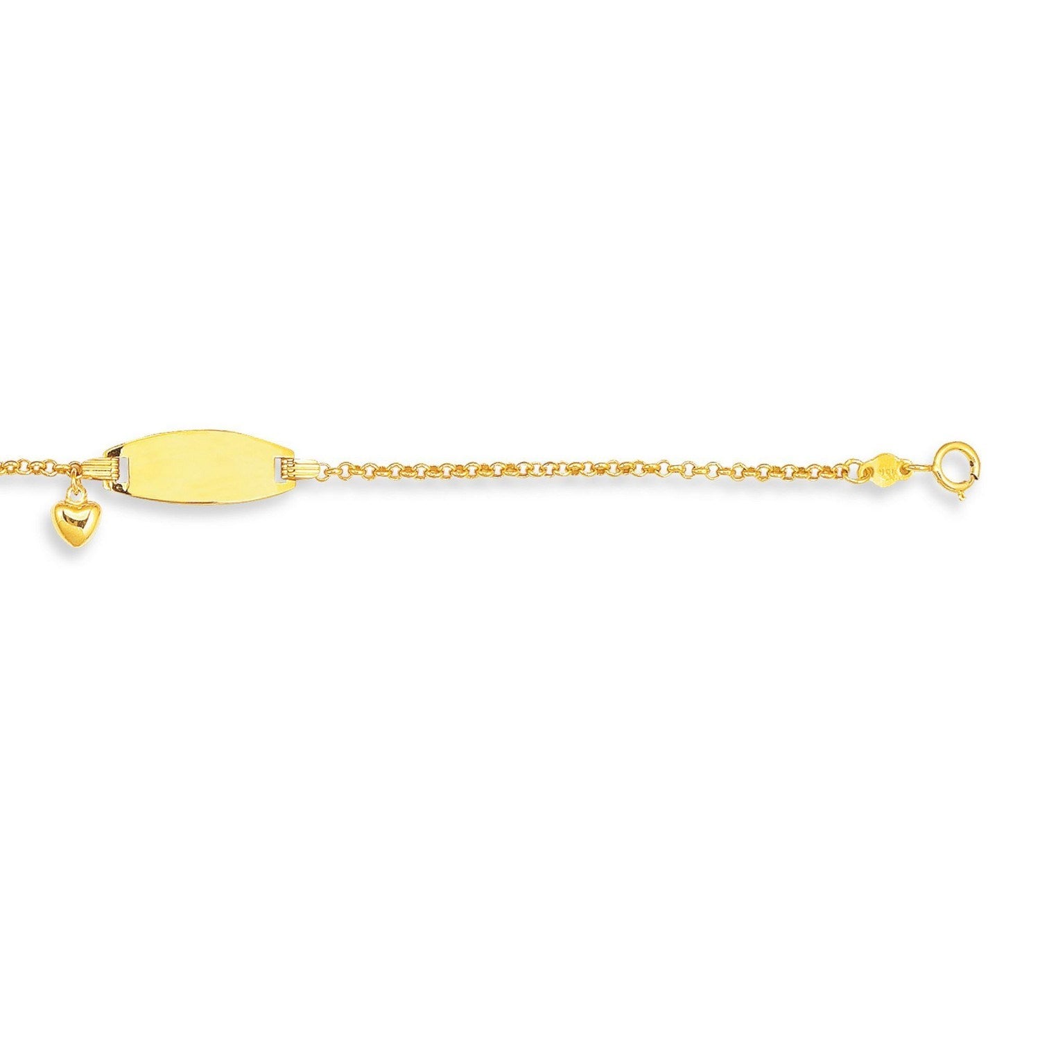 14k yellow gold children's ID bracelet with a heart charm and cable chain.