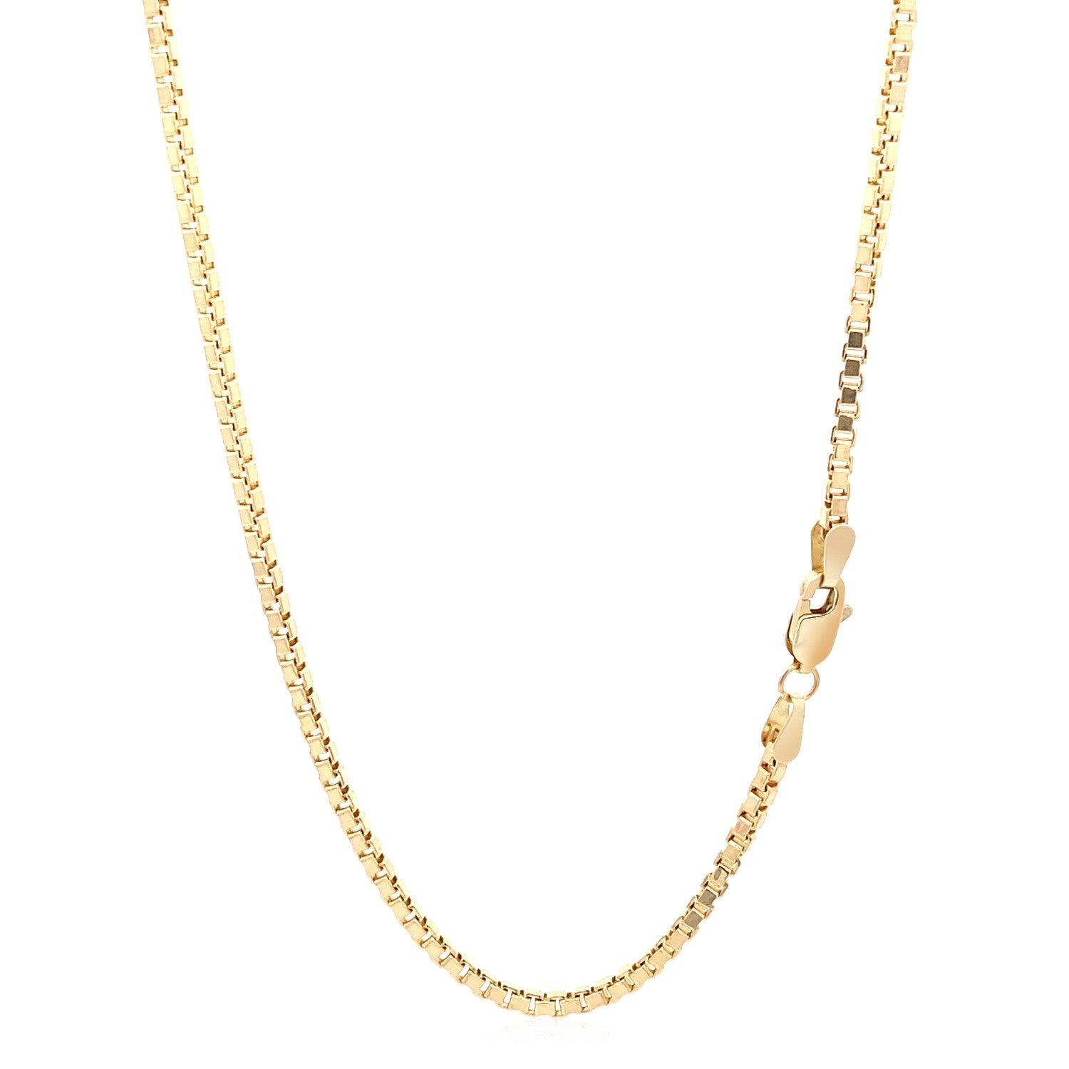 14k yellow gold semi-solid box chain with a lobster clasp.