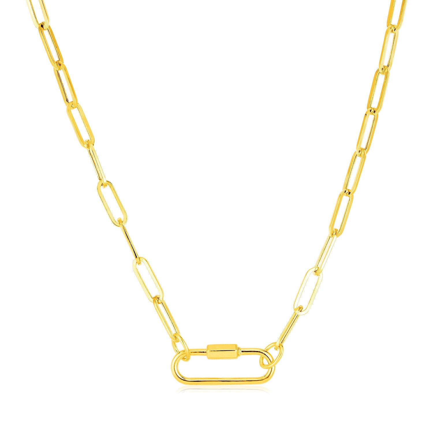 14k yellow gold paperclip chain necklace with an oval carabiner clasp.