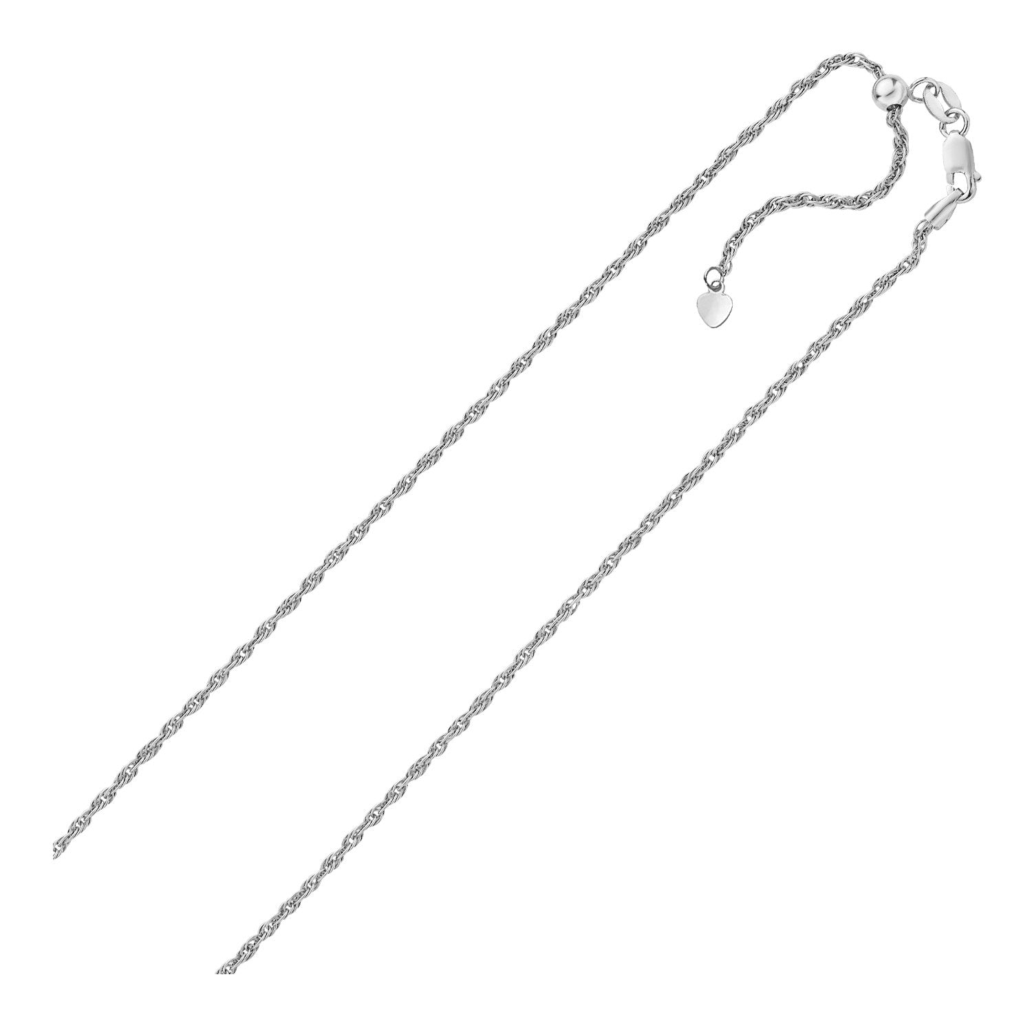 Sterling silver 1.5mm adjustable rope chain with a heart dangle and lobster clasp.