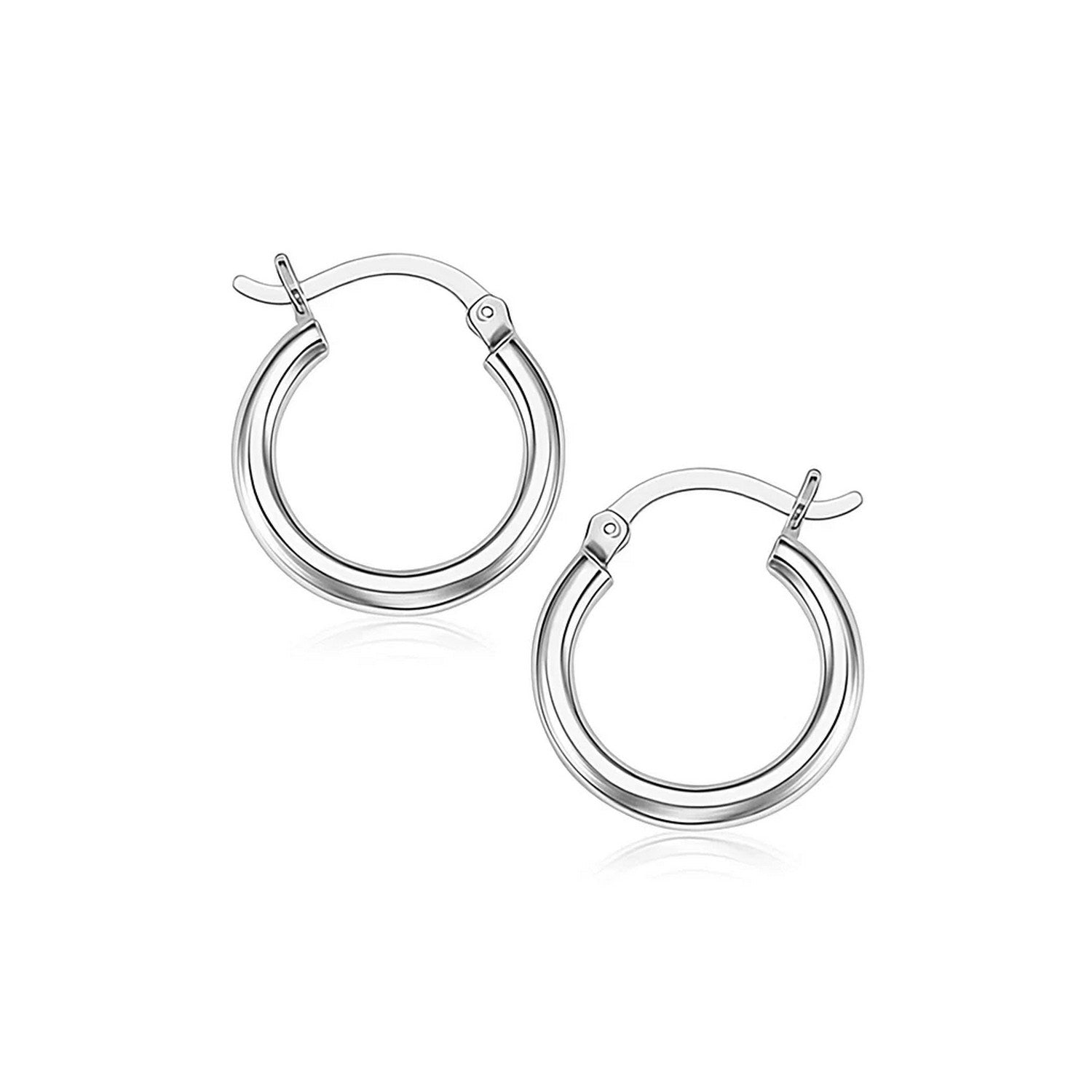 Two sterling silver rhodium plated thin and small polished hoop earrings.