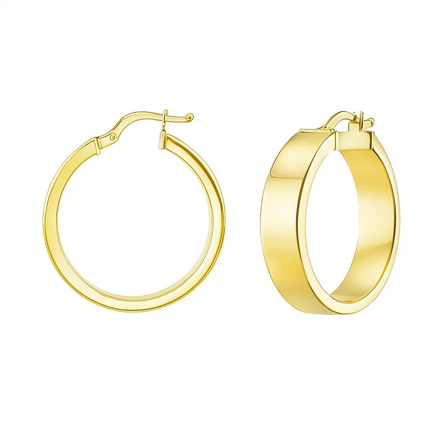 Medium tube shaped hoop earrings in 14K yellow gold with hinged snap backs.