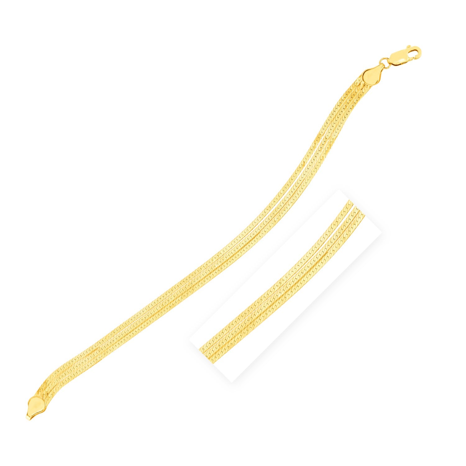 14k yellow gold three-strand herringbone chain bracelet with a lobster clasp.