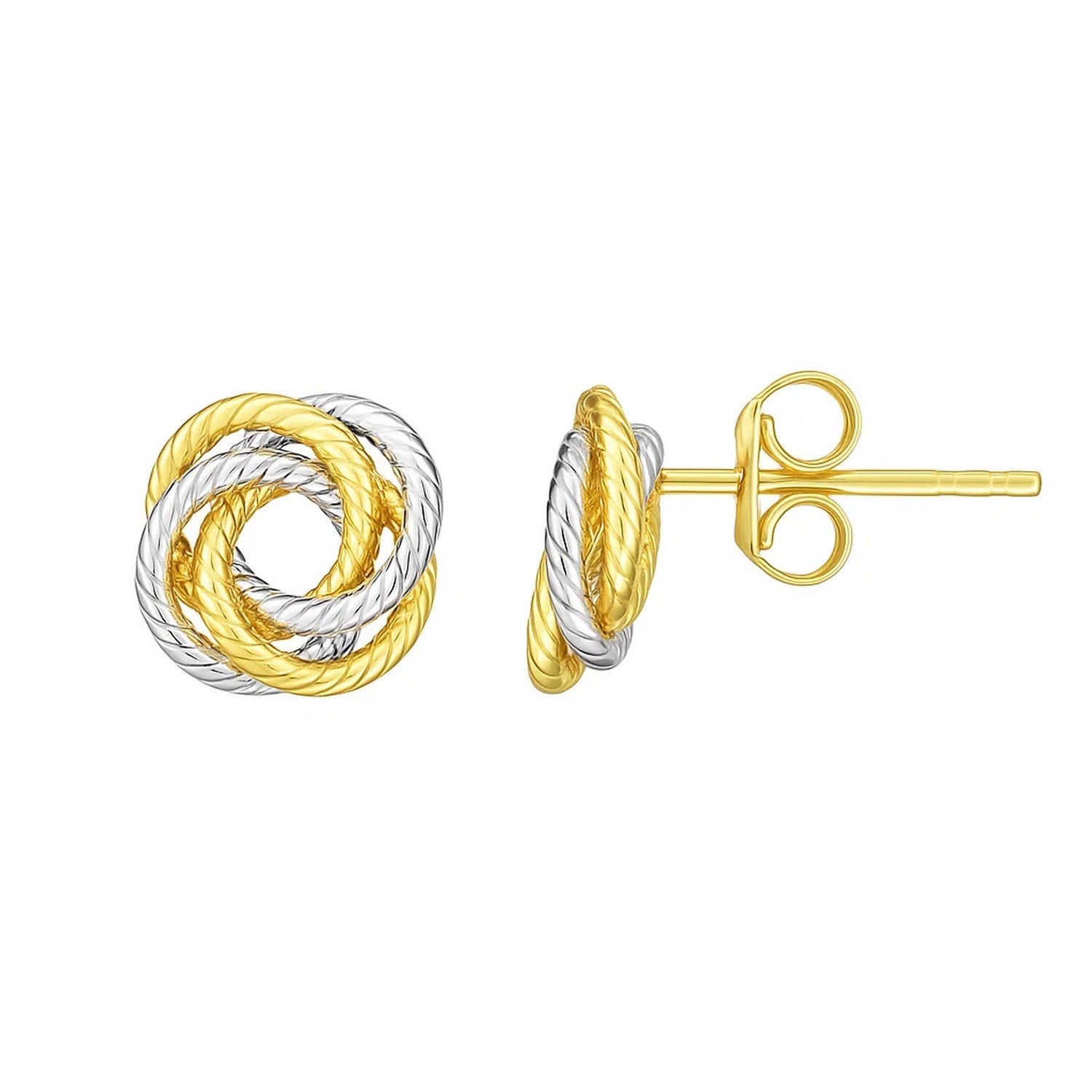 Two-tone 14k gold love knot stud earrings with pushback clasps.