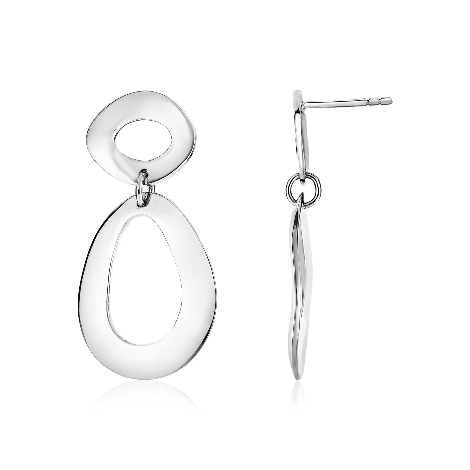 Sterling silver polished teardrop and oval dangle earrings.