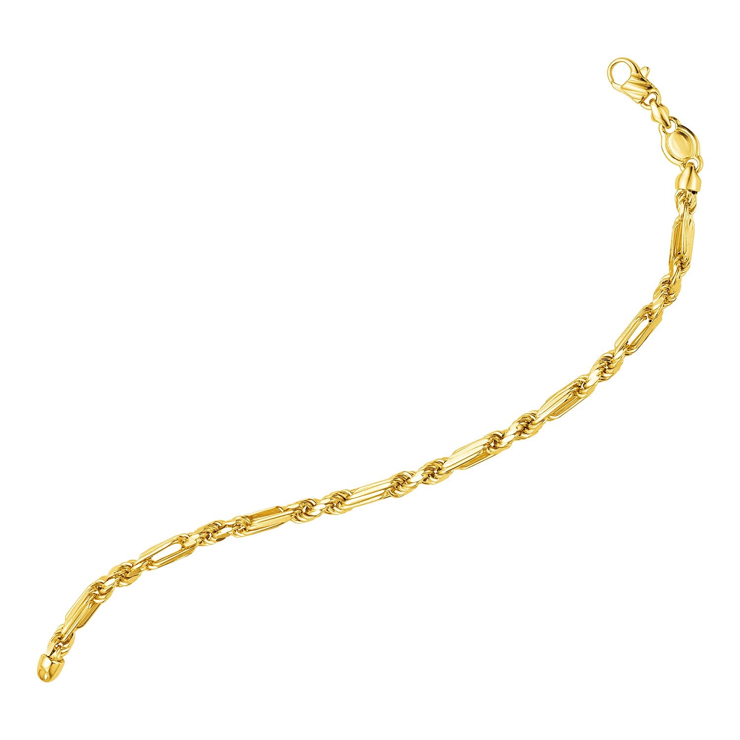 14k yellow gold figaro chain bracelet with a lobster clasp.