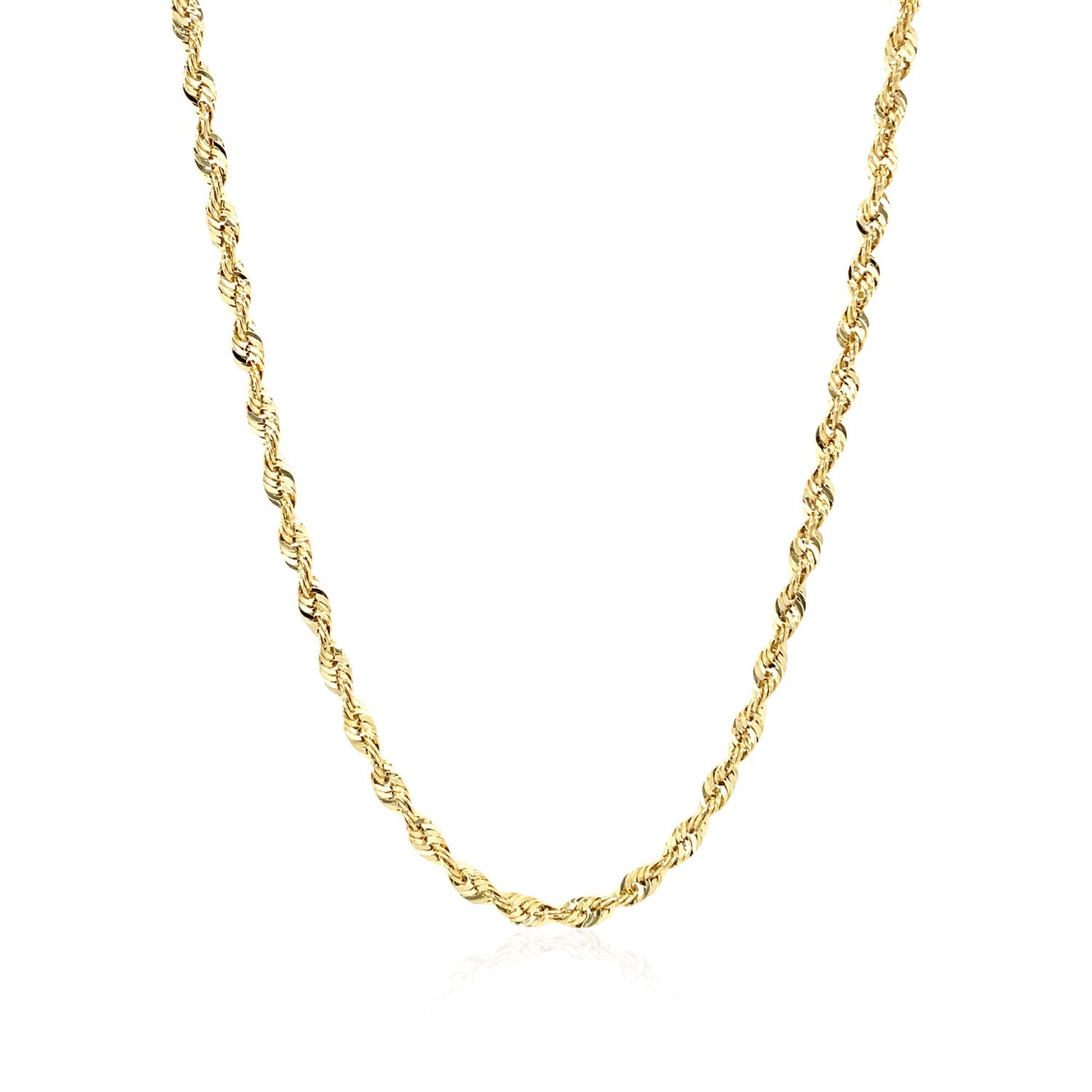 A 14k yellow gold light rope chain, 2.5 mm wide, hangs in a U-shape.