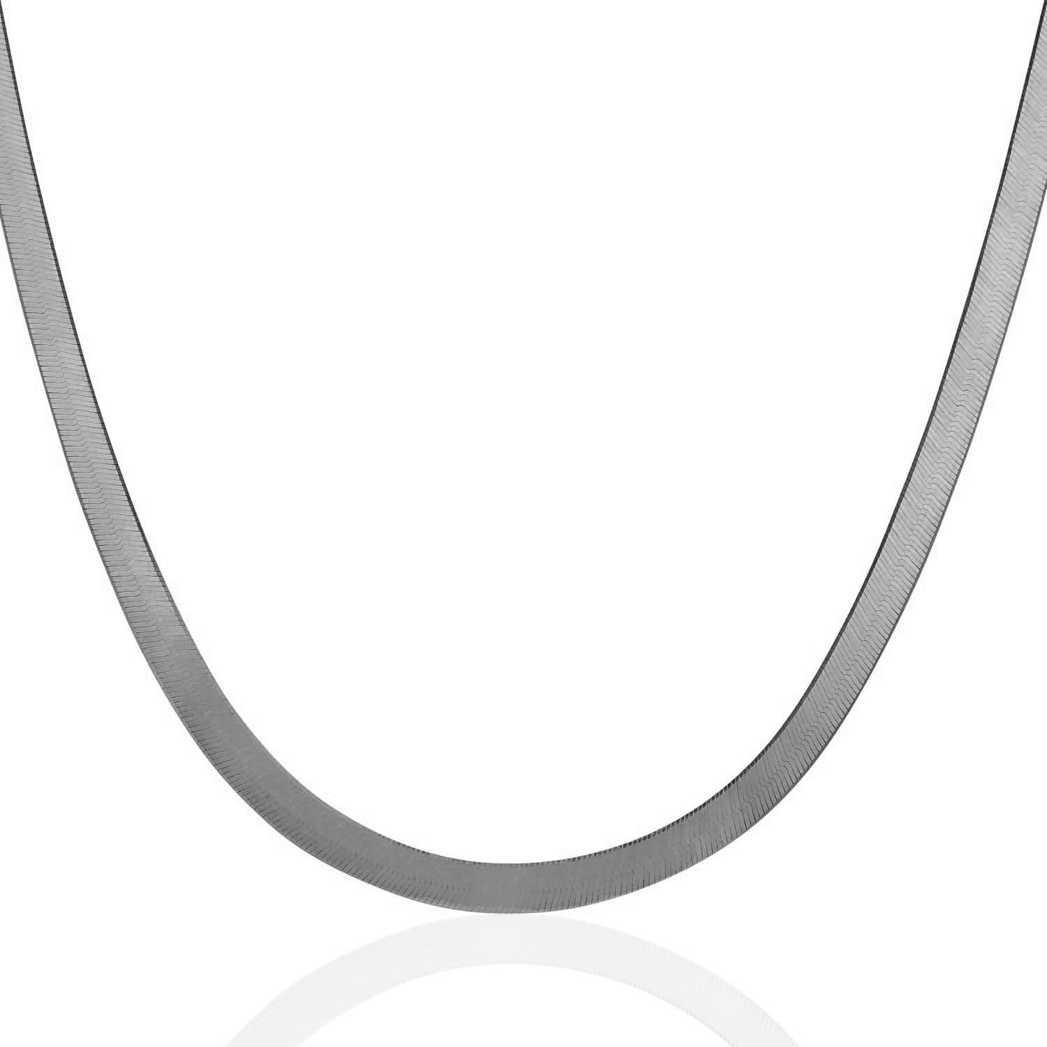 A 14k white gold super flex herringbone chain is draped in a U-shape.