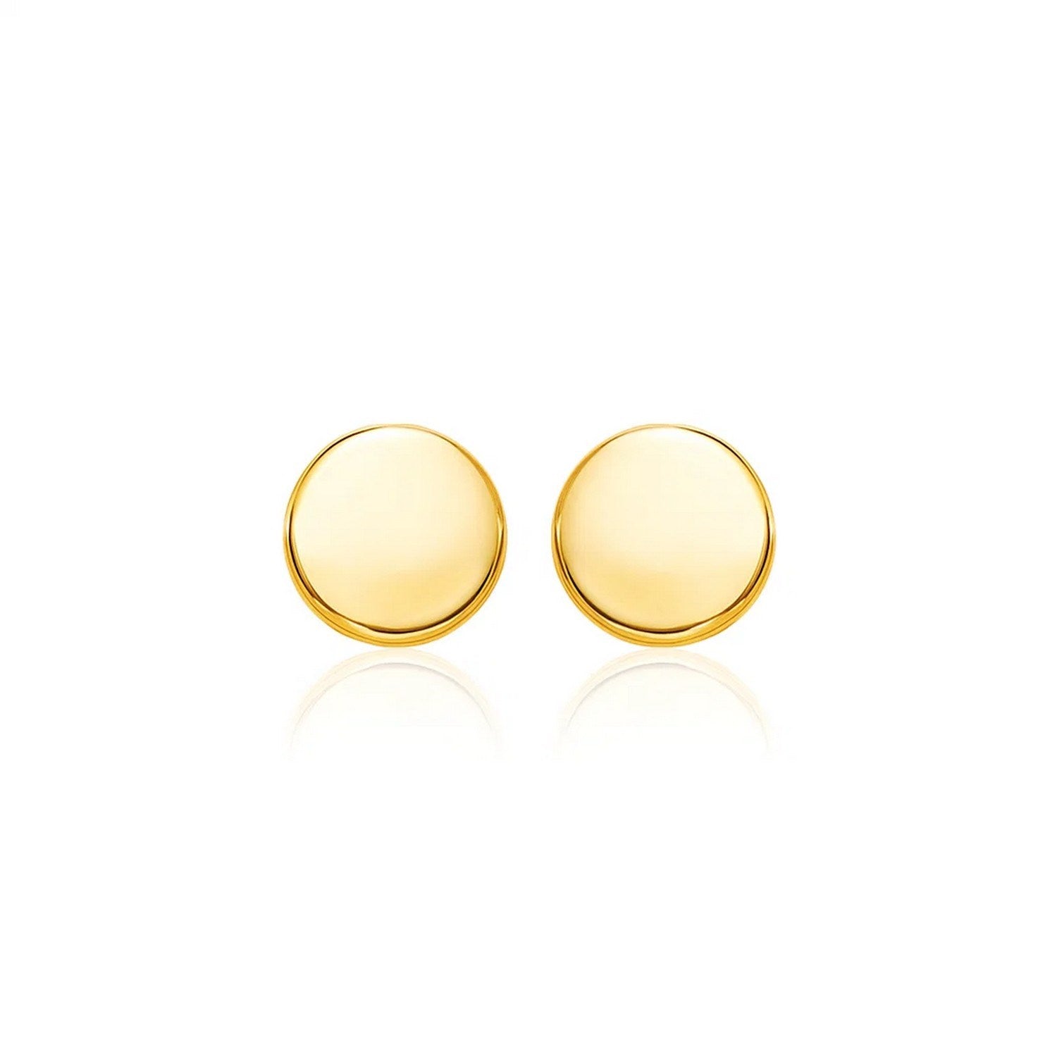 Two polished 14k yellow gold round post earrings with reflections below.