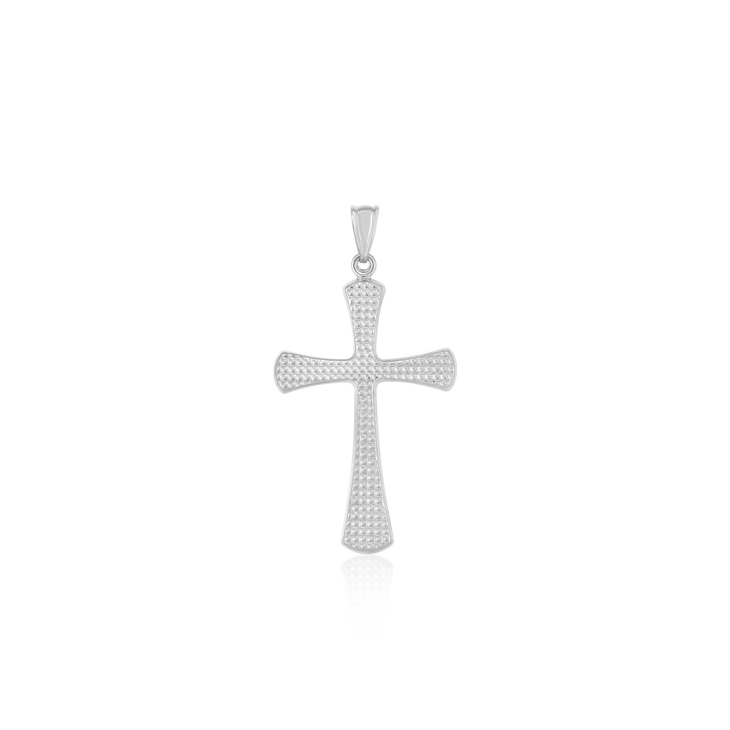 14k white gold cross pendant with a beaded texture and a polished bail.