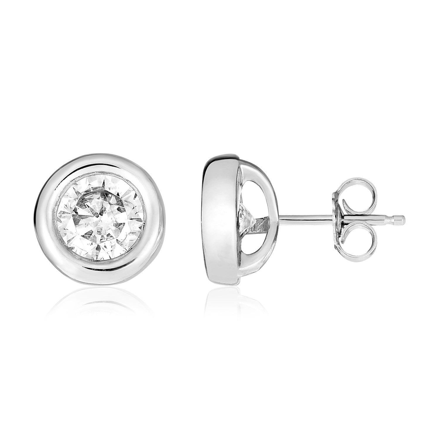 Sterling silver round bezel set cubic zirconia stud earrings with pushback clasps.