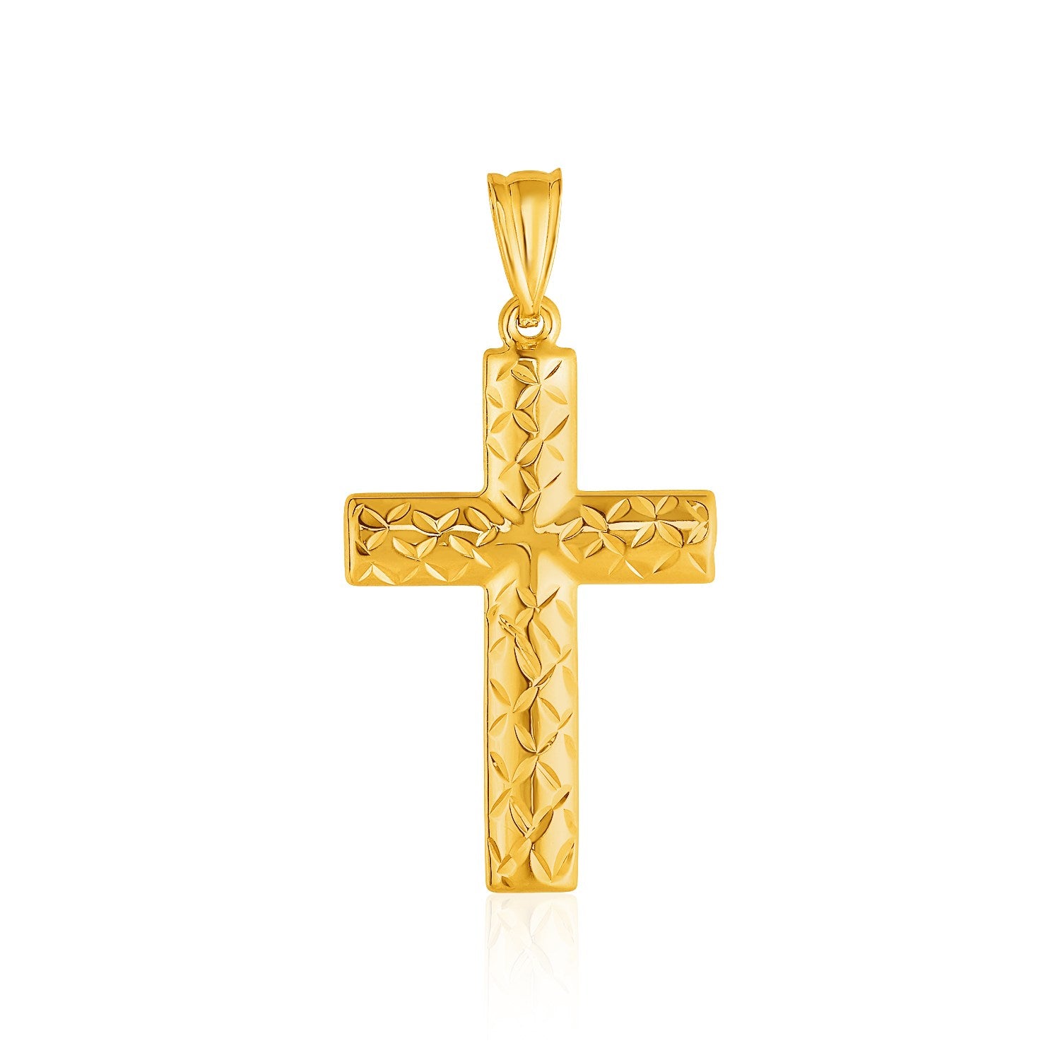 14k yellow gold reversible textured cross pendant with a diamond-cut pattern.