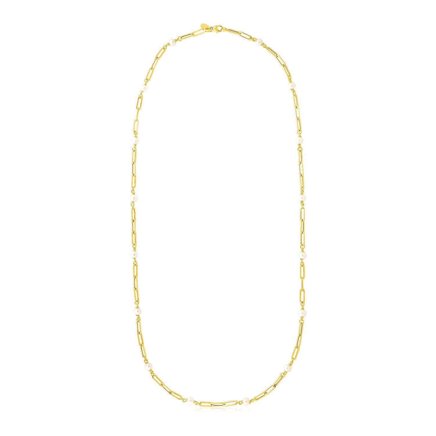 14k yellow gold paperclip chain necklace with freshwater pearl stations.
