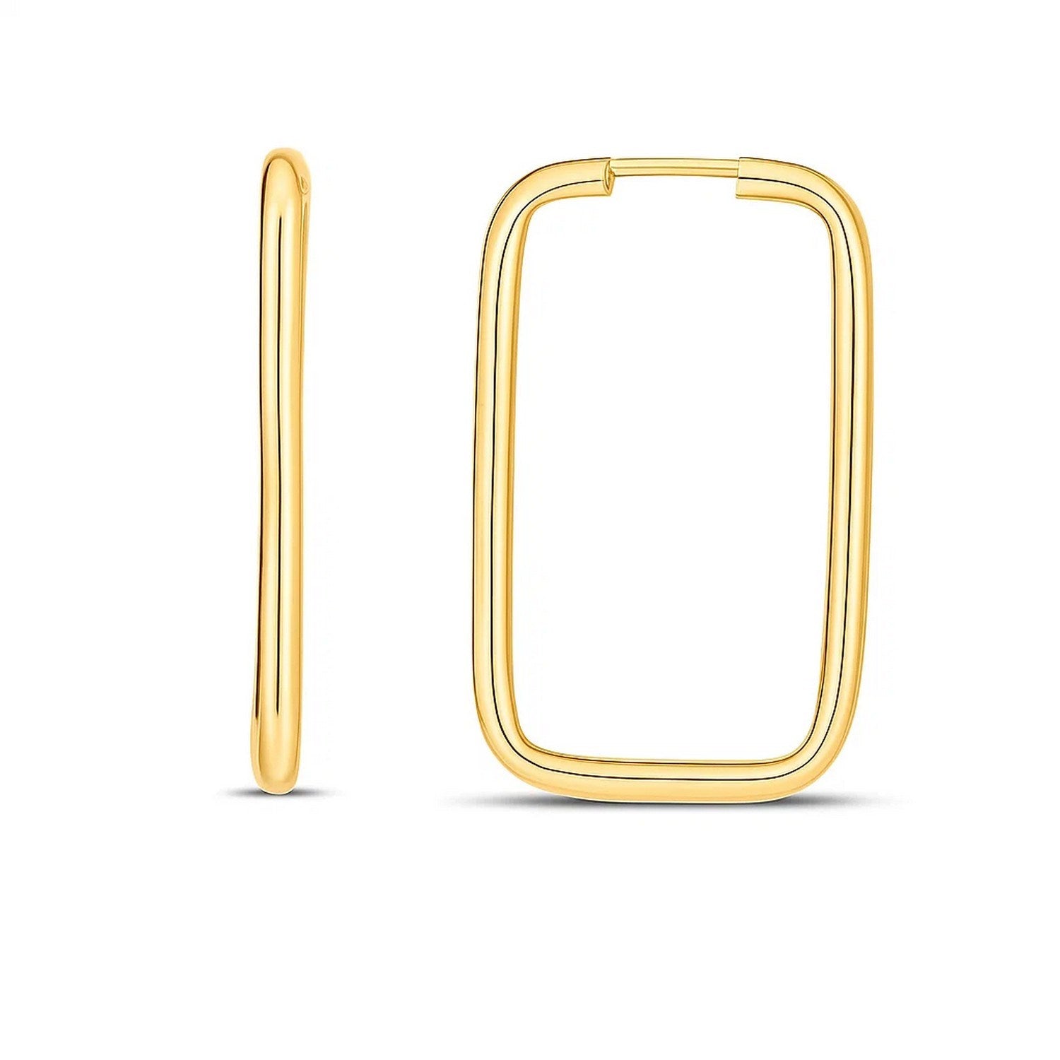 14k yellow gold endless rectangle hoop earrings with a high polish finish.