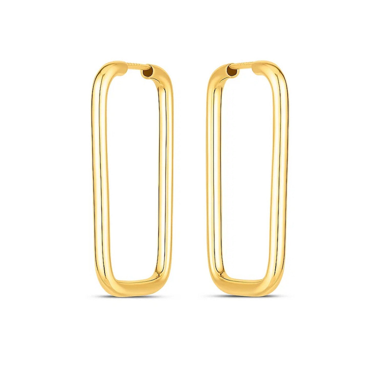 A pair of polished 14k yellow gold endless rectangle hoop earrings.