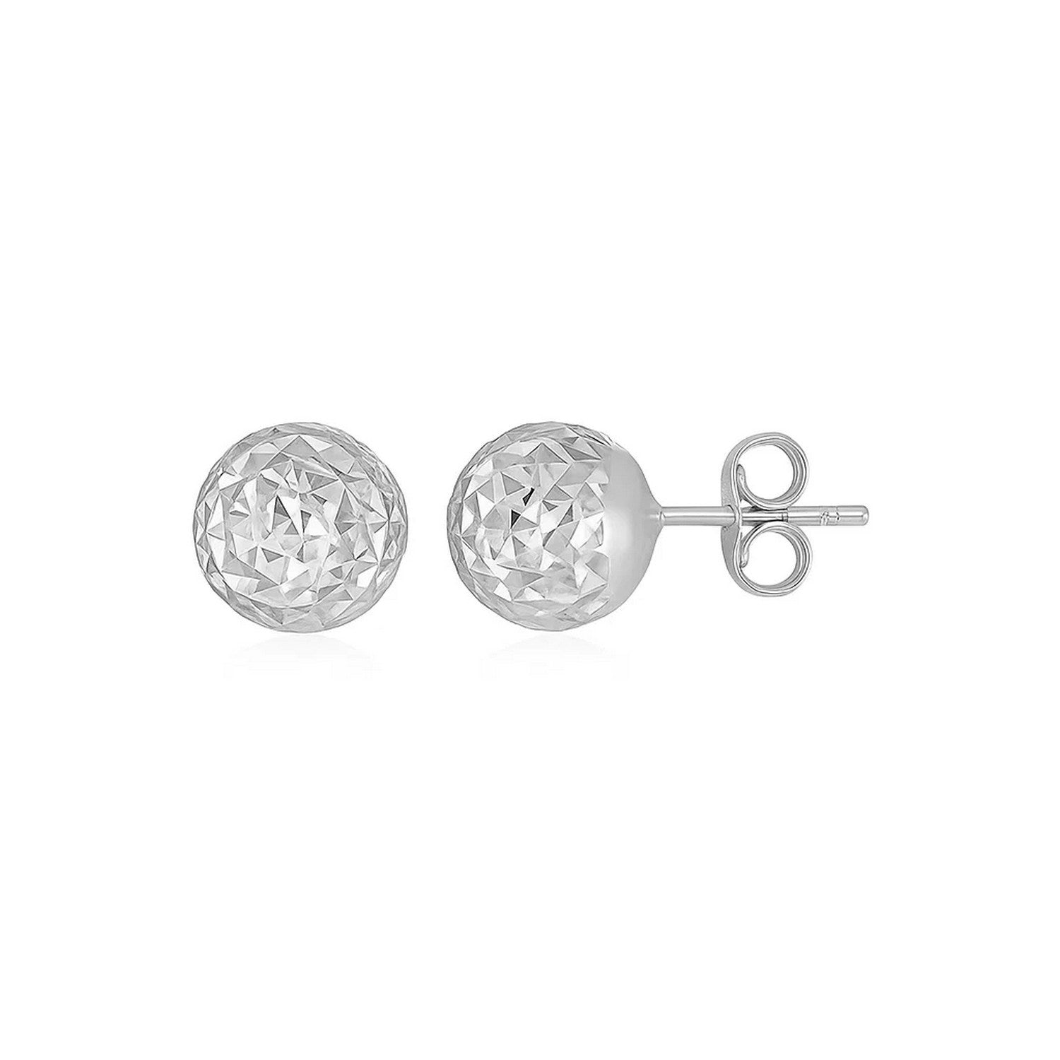 A pair of 14k white gold ball earrings with a crystal-cut texture.
