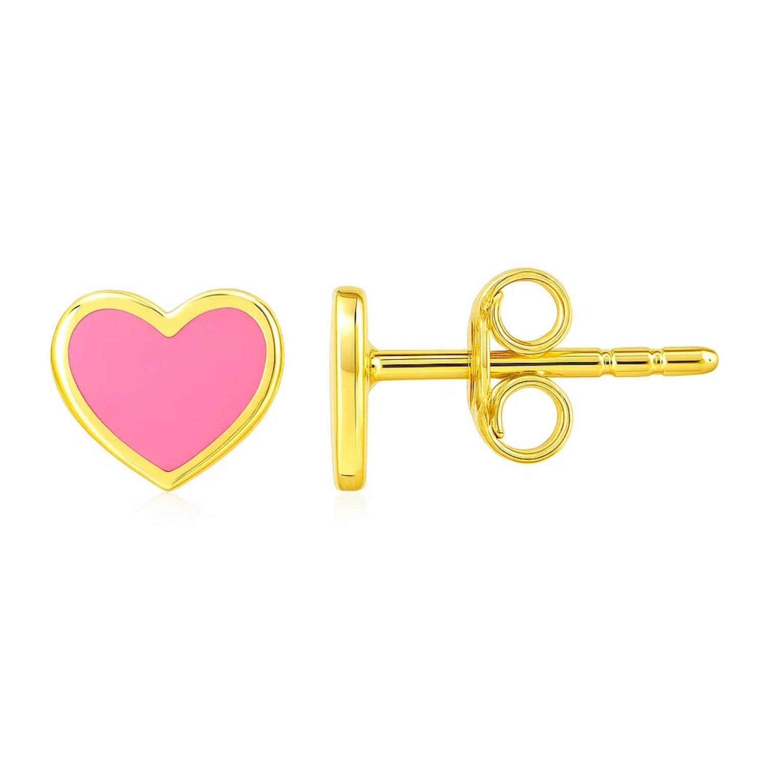 14k yellow gold stud earrings with pink enamel hearts and push-back clasps.