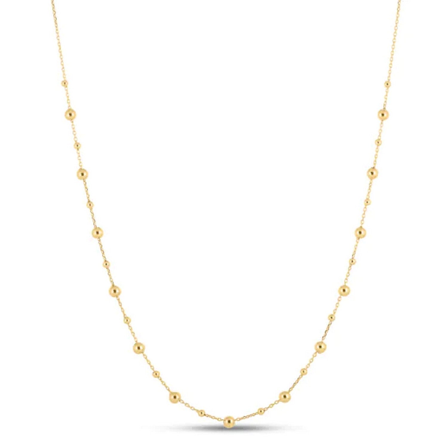 A yellow gold bead station necklace with a high polish finish.