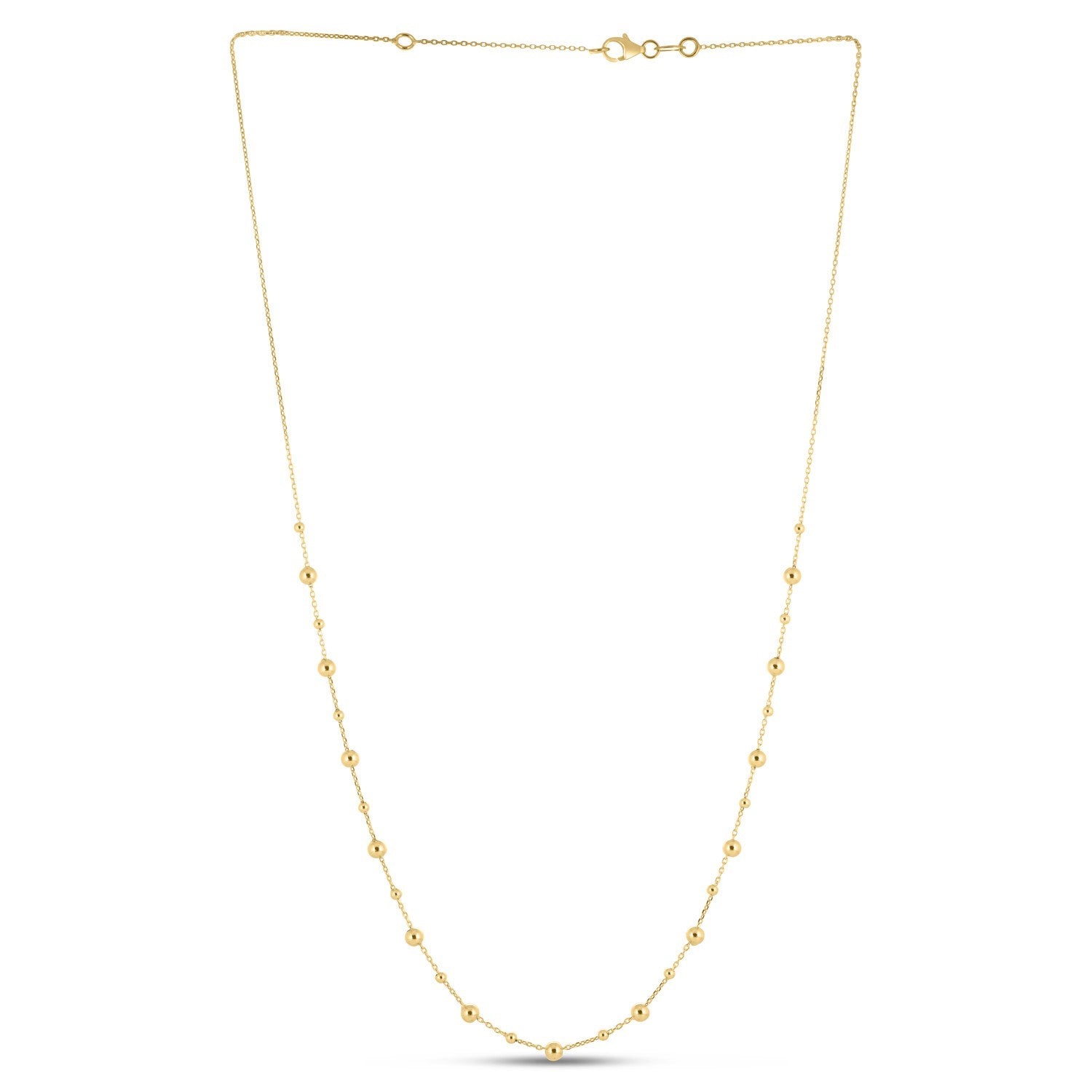 14k yellow gold bead station necklace with a lobster clasp.