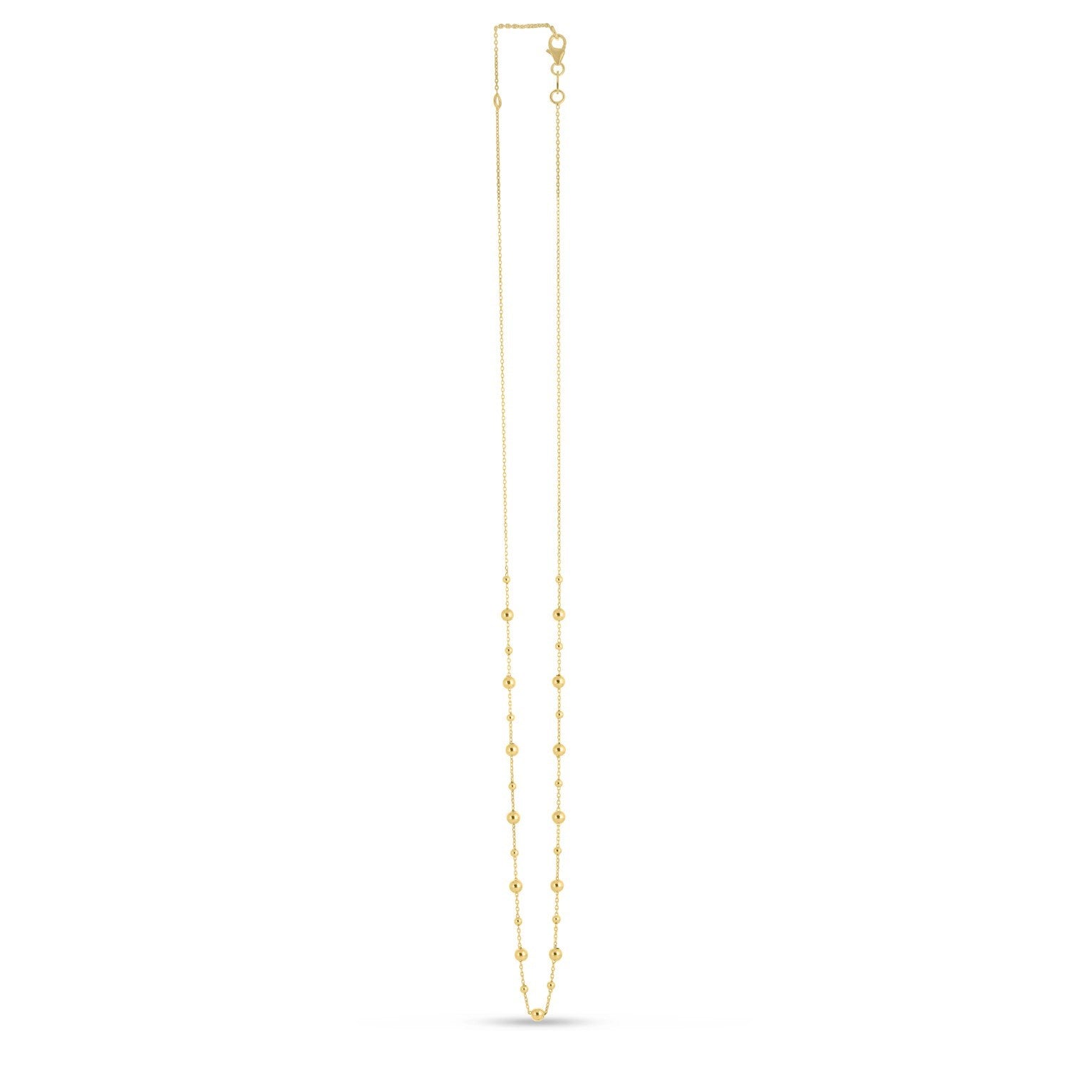 14k yellow gold bead station necklace with a lobster clasp.