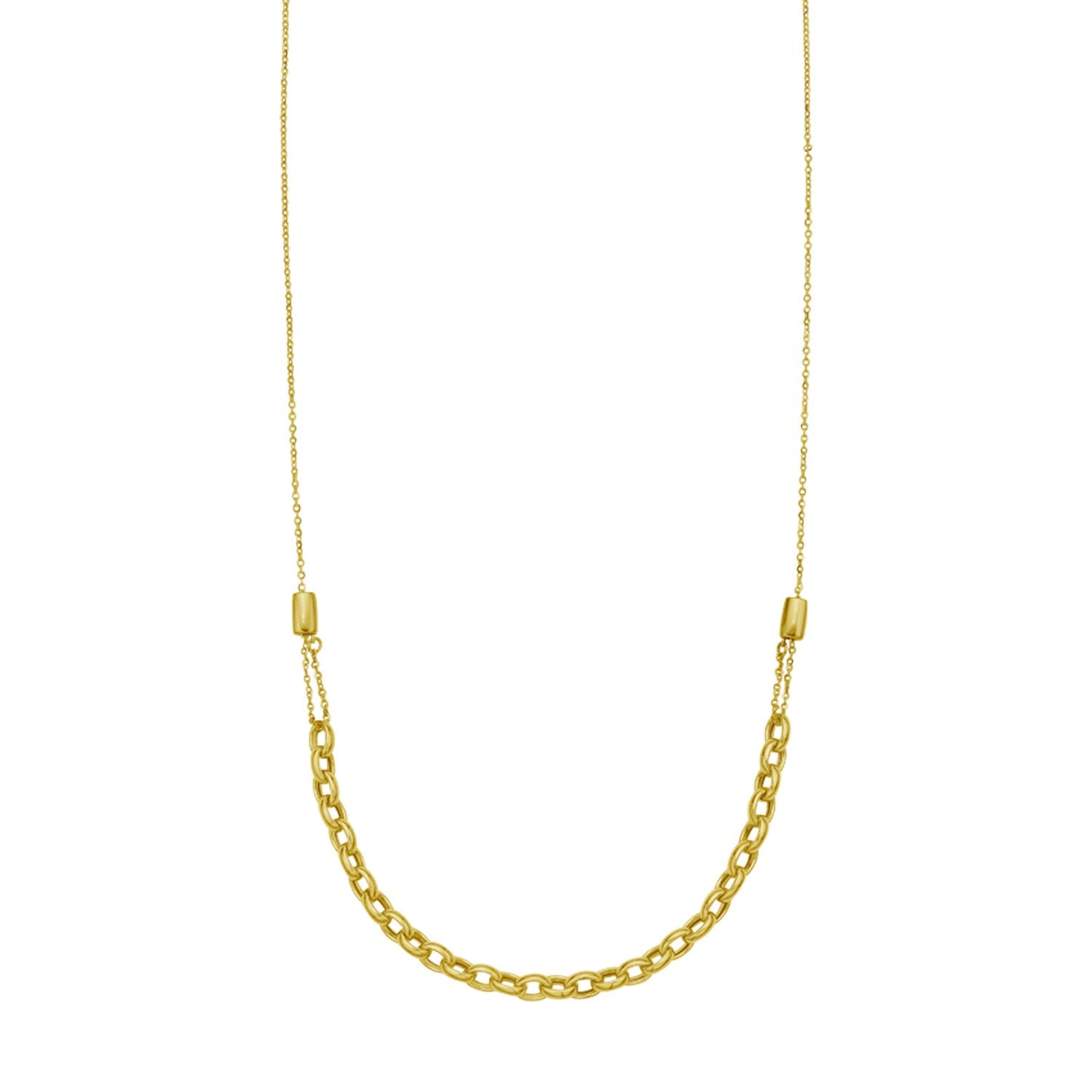 14K yellow gold adjustable rolo link necklace with a pear-shaped lobster clasp.