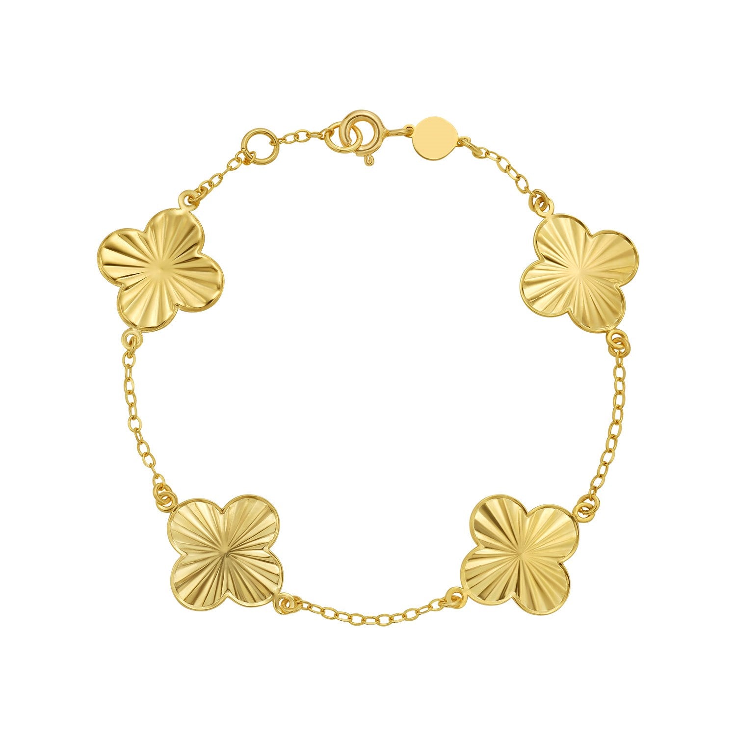 14K yellow gold bracelet with four textured clover-shaped links and a spring ring clasp.