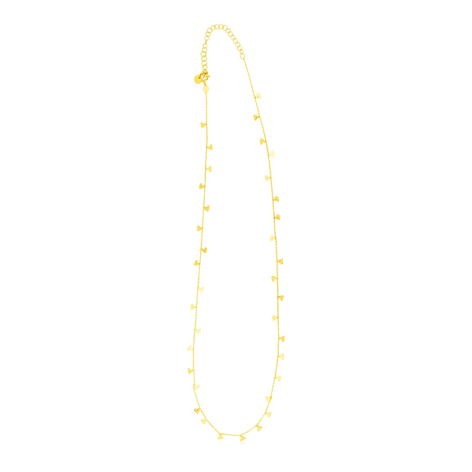 14K yellow gold necklace with small dangling heart charms.