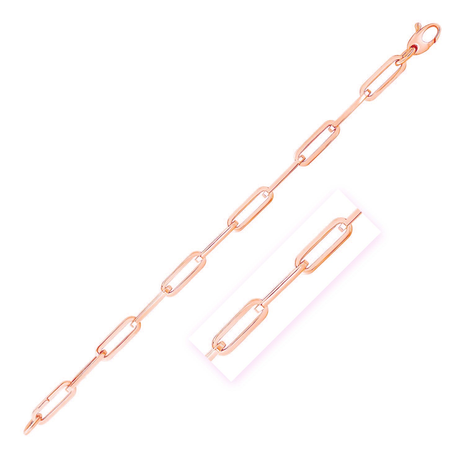 14K rose gold wide paperclip chain with a lobster clasp.
