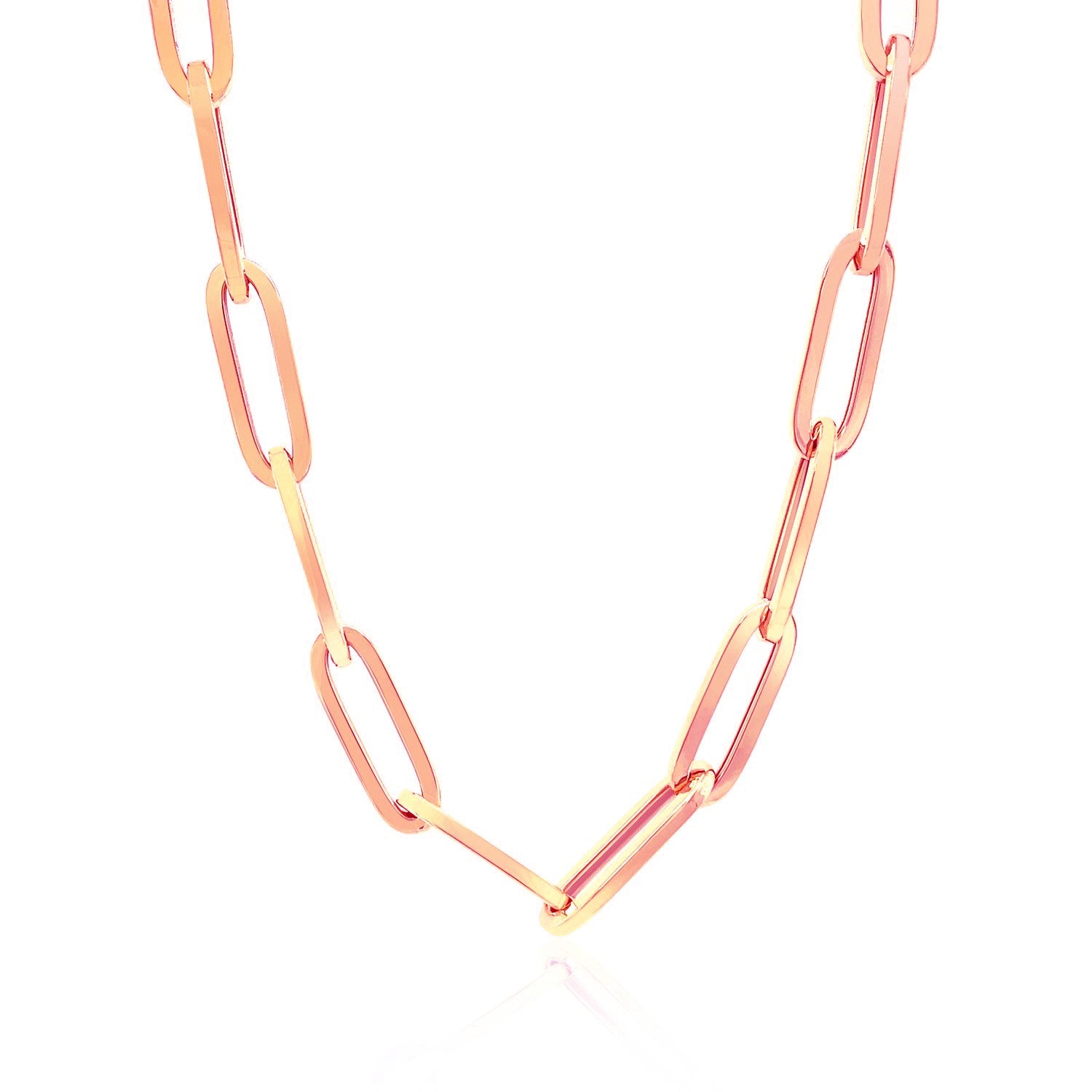 A 14K rose gold wide paperclip chain with 6.10 mm links.