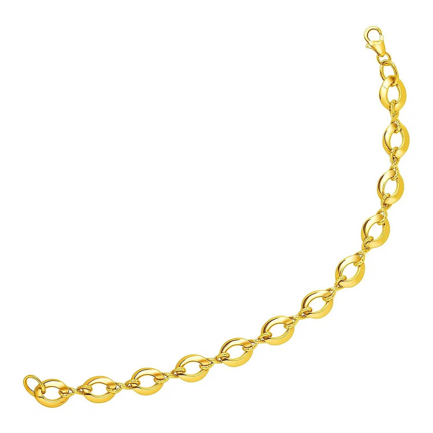 A polished 14k yellow gold infinity link bracelet with a lobster clasp.
