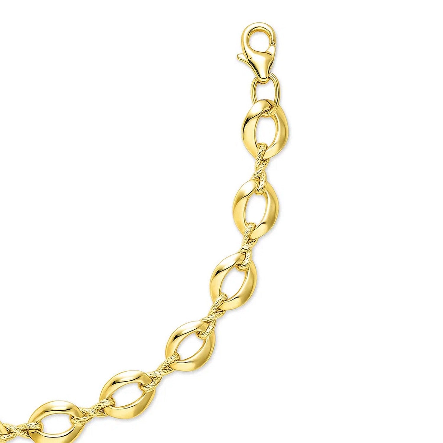 14k yellow gold infinity link bracelet with a lobster clasp.