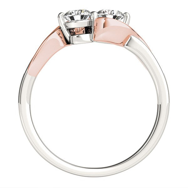 14k white and rose gold two-diamond curved band ring with two round diamonds.