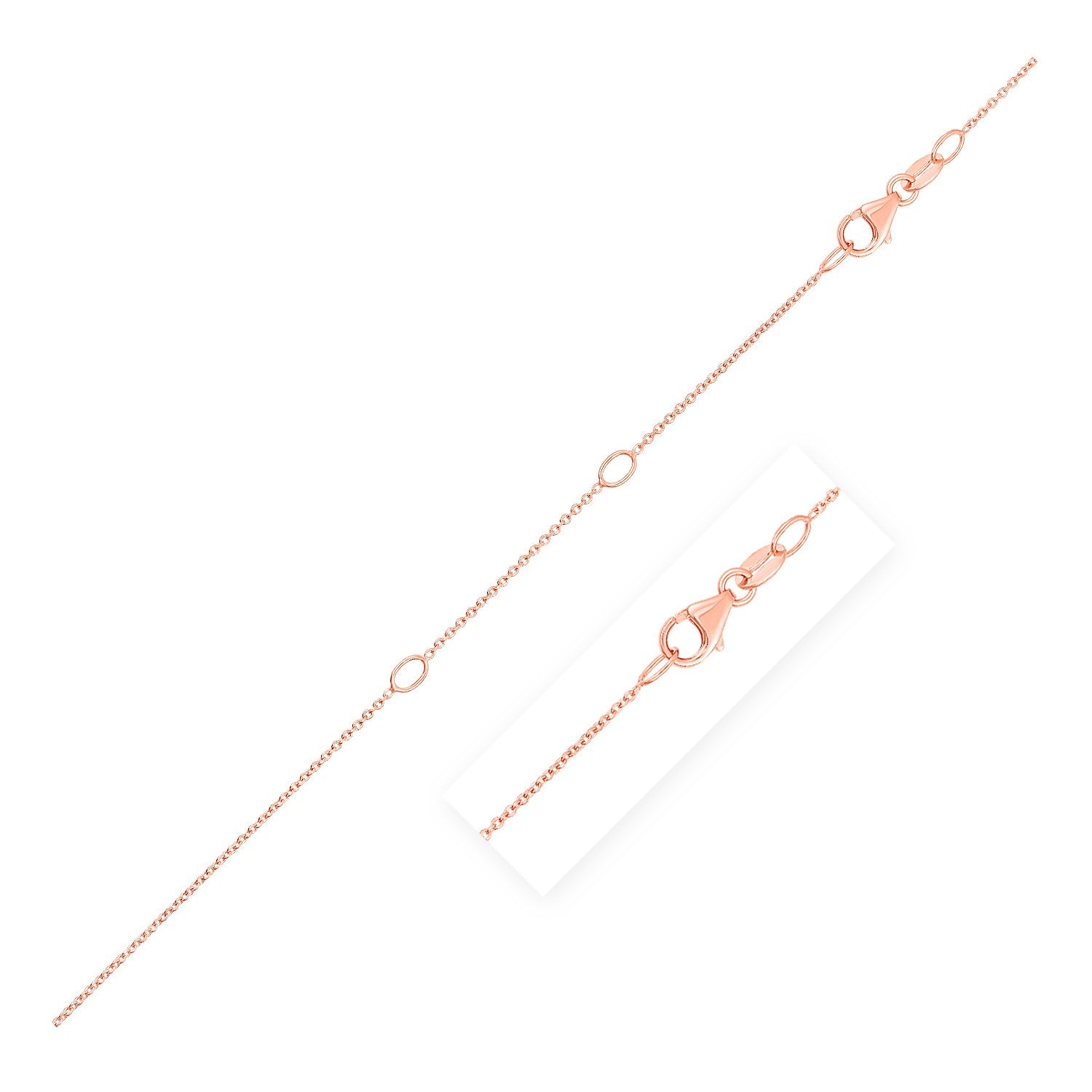 A rose gold cable chain with a lobster clasp and two oval extension links.
