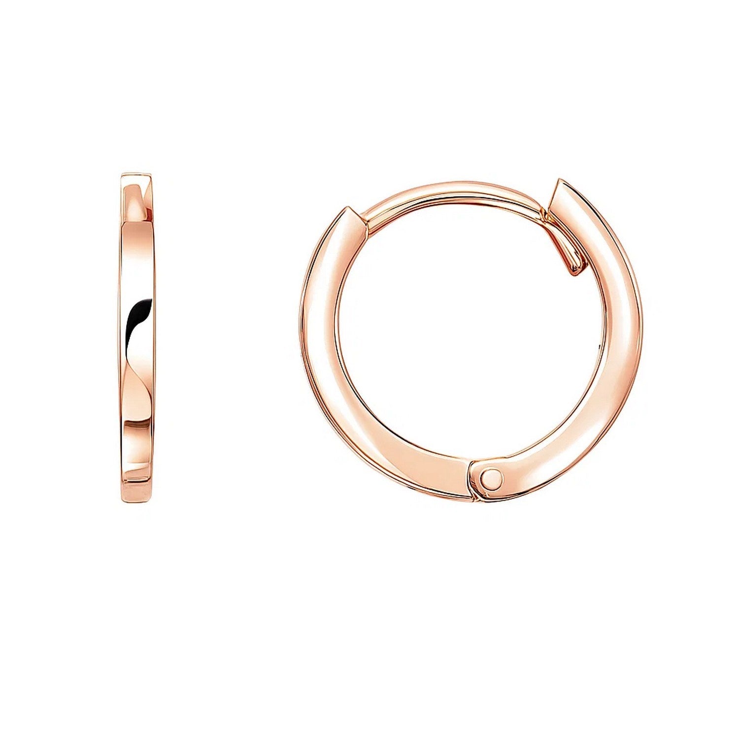 Pair of polished 14k rose gold round hoop earrings with snap clasps.