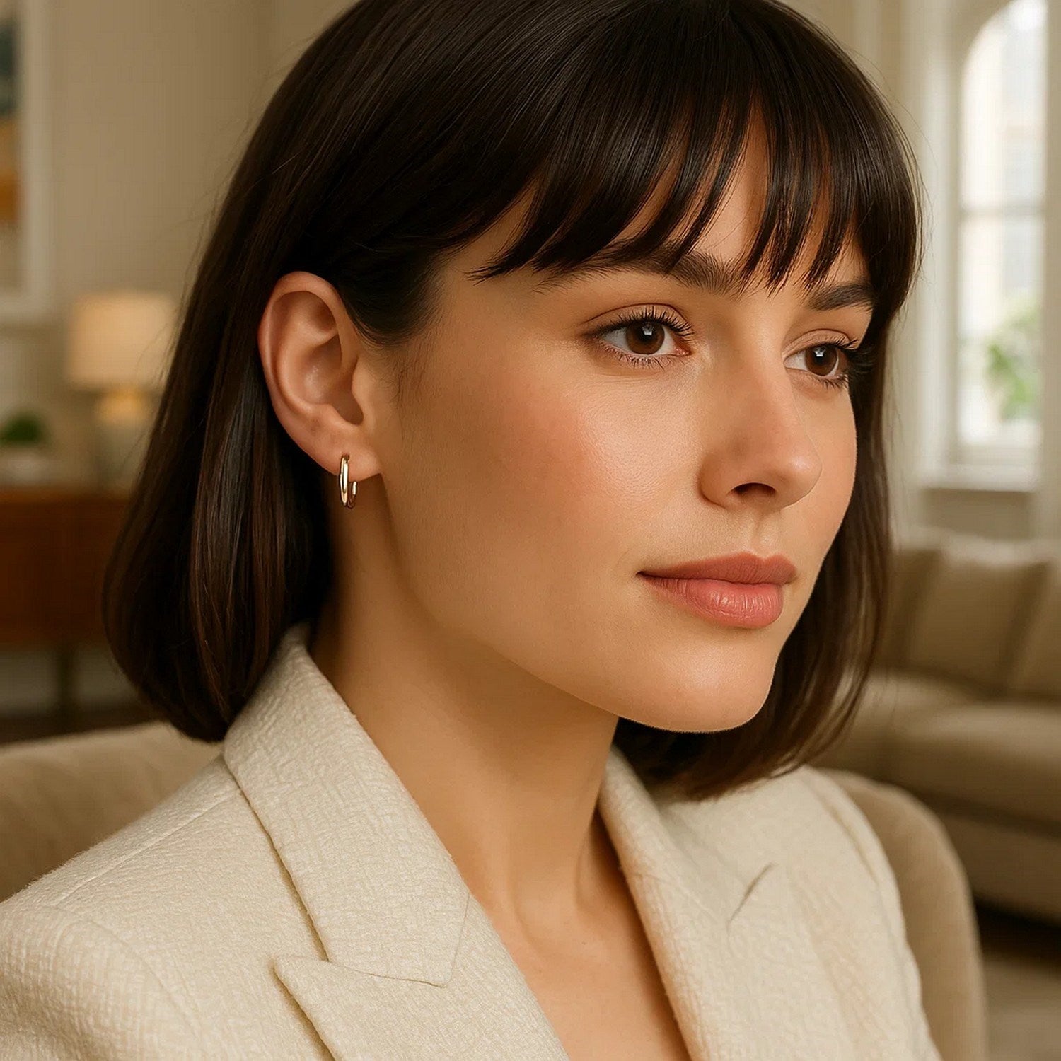 14k rose gold petite polished round hoop earrings on a woman's ear.
