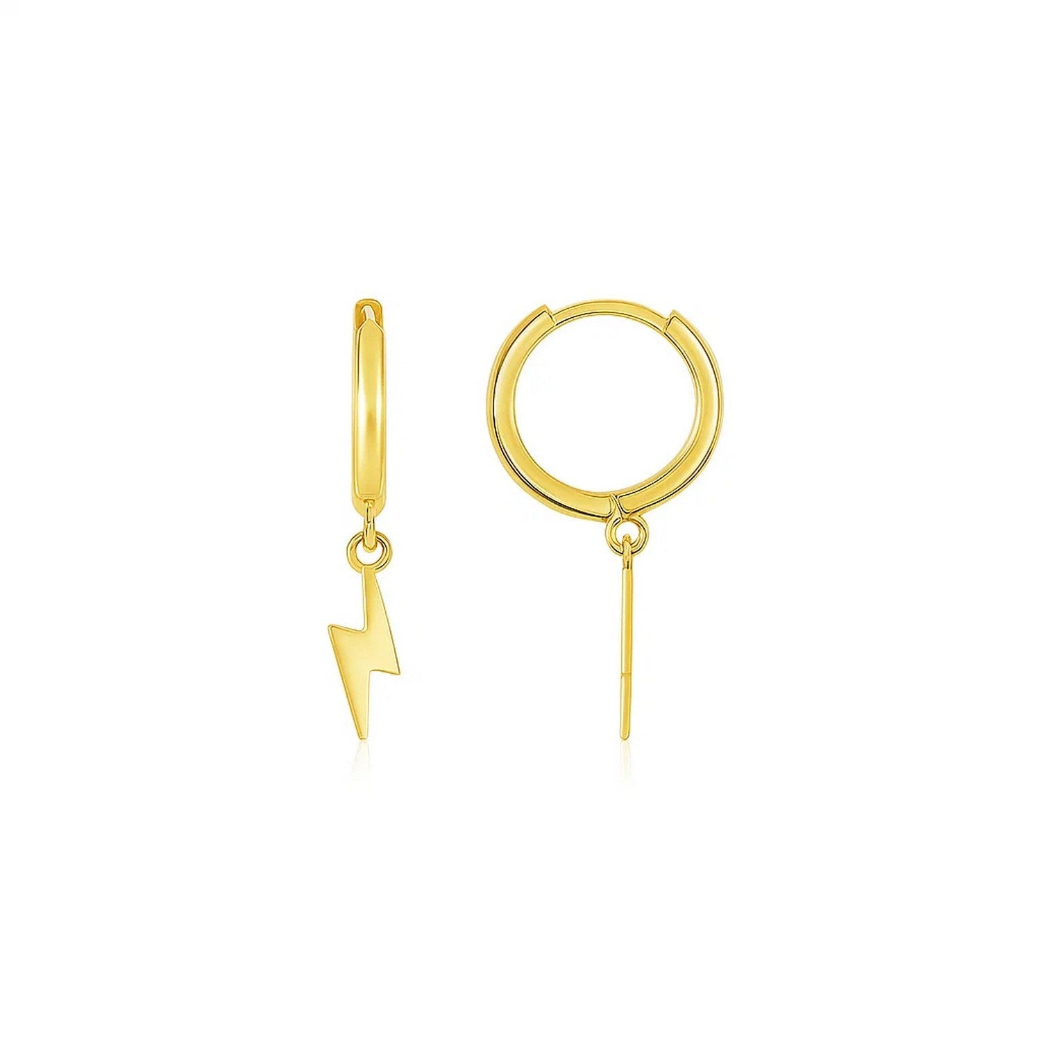 14K yellow gold lightning bolt drop hoop earrings with a high polish finish.