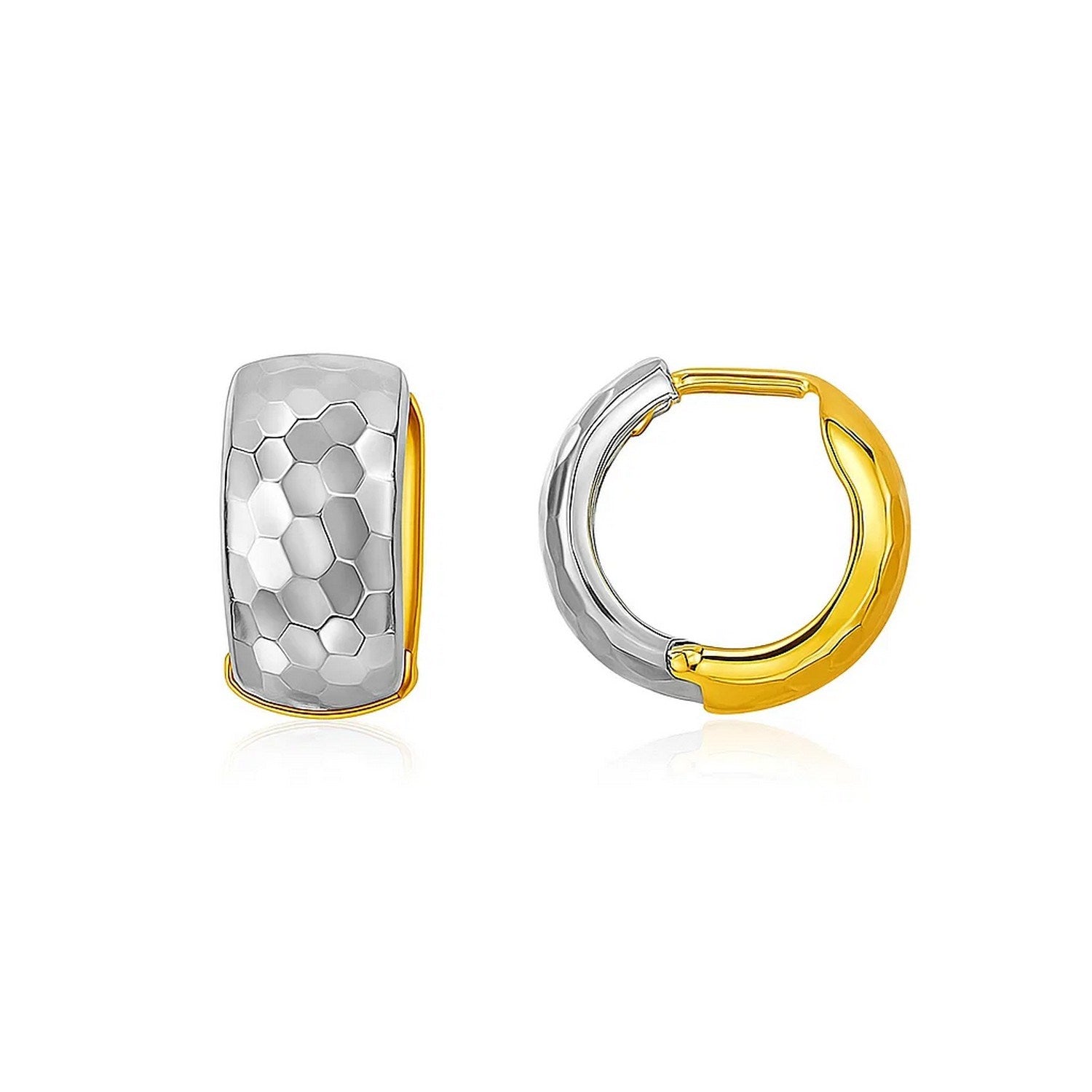 14k two-tone gold diamond cut and interlaced style hoop earrings.