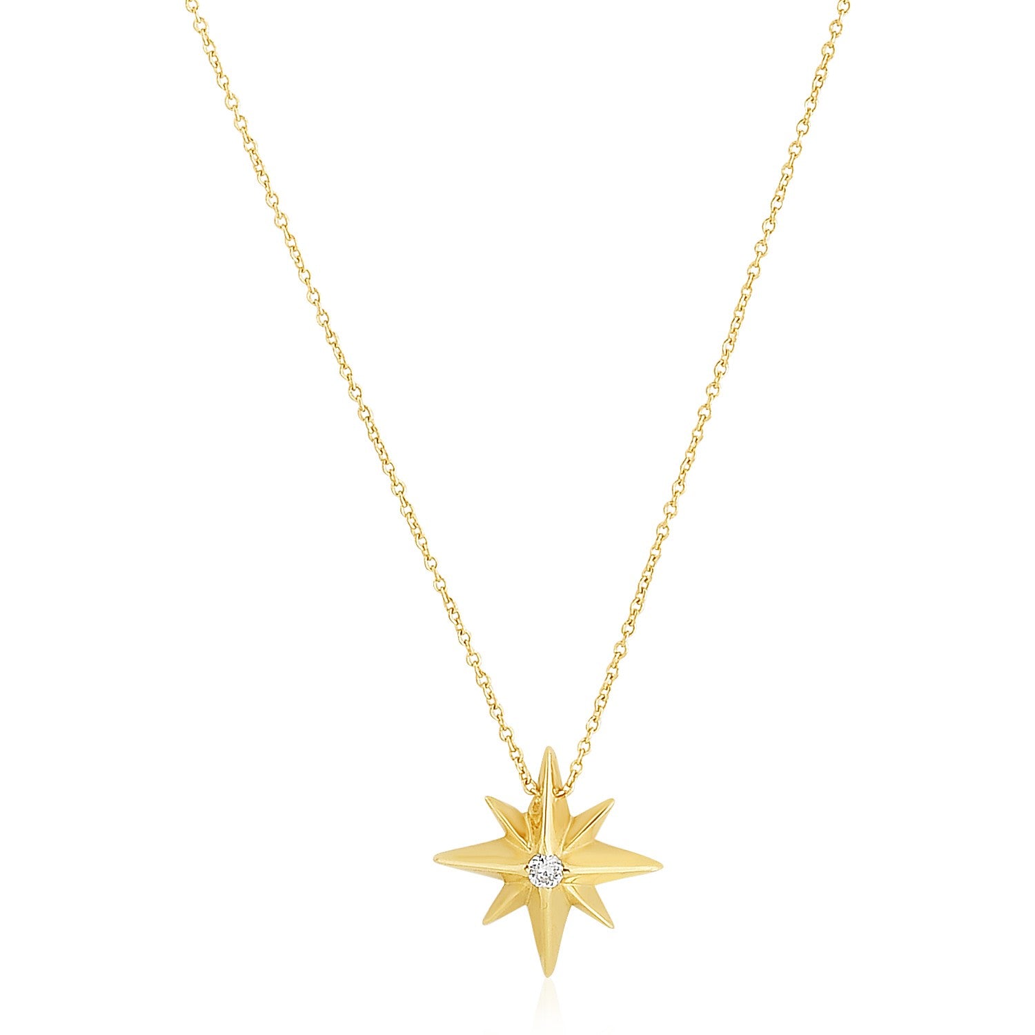 14k yellow gold North Star necklace with a diamond accent on a cable chain.