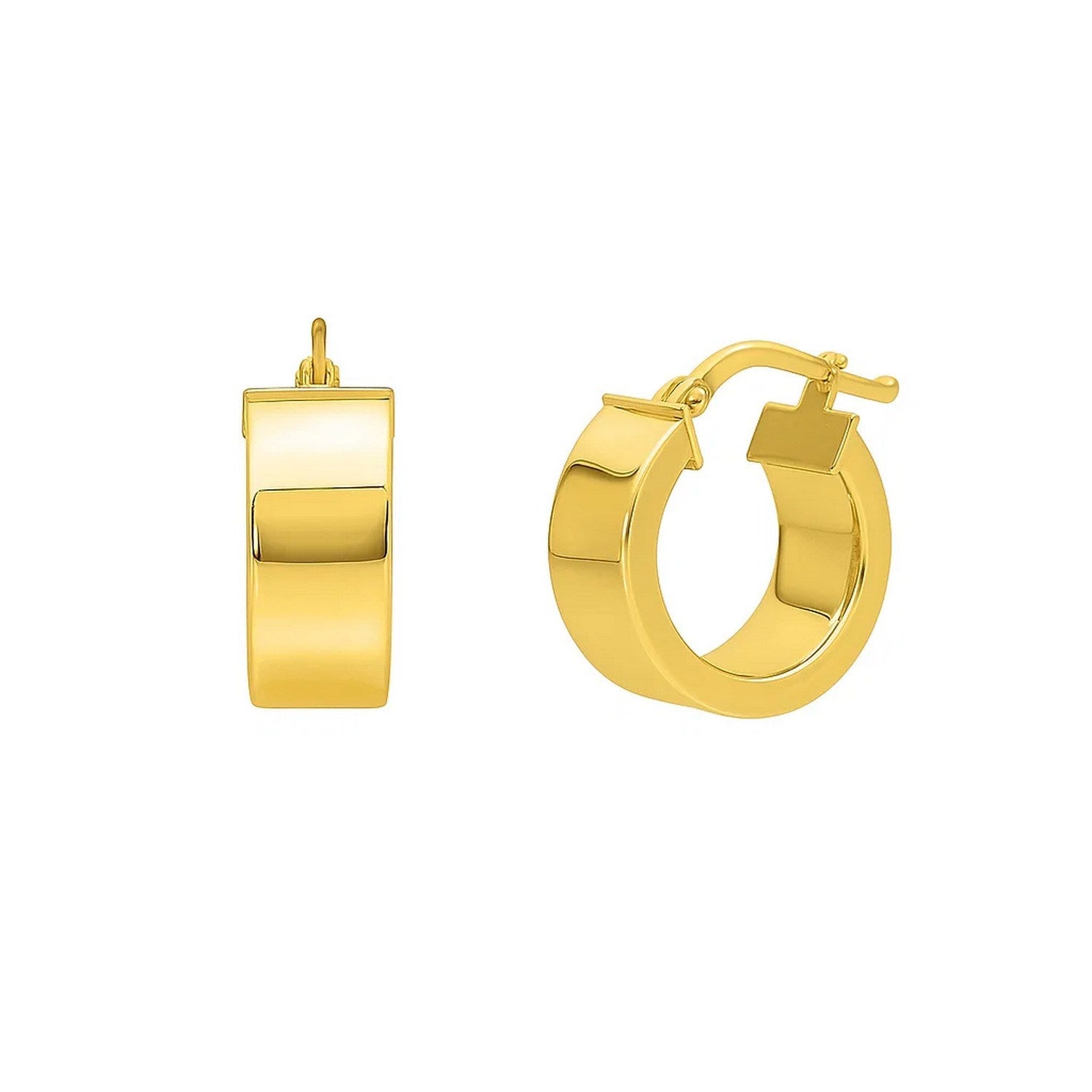 Small tube-shaped hoop earrings in 14K yellow gold with a hinged snap back.