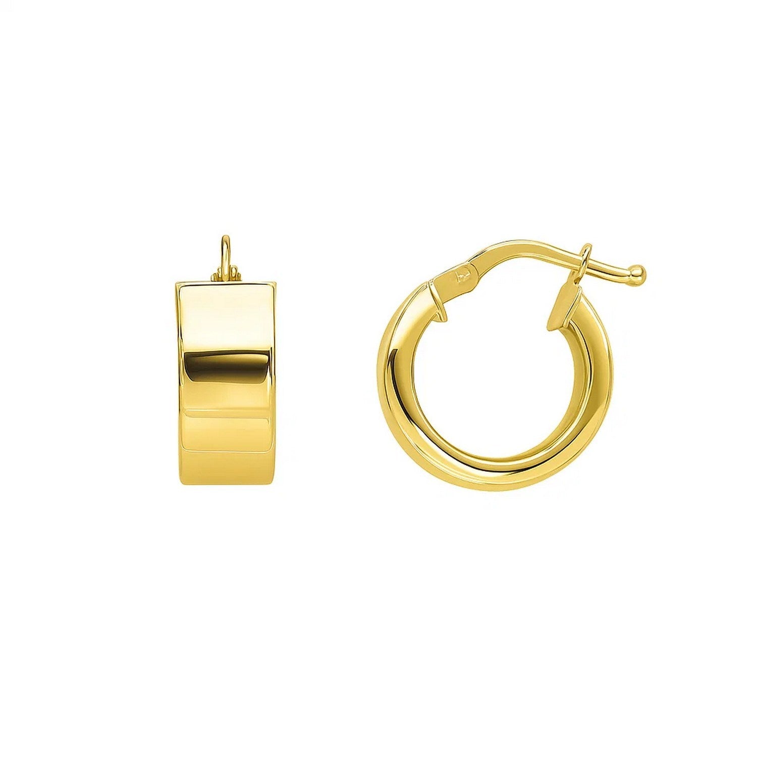 Small tube-shaped hoop earrings in 14K yellow gold with a hinged snap back.