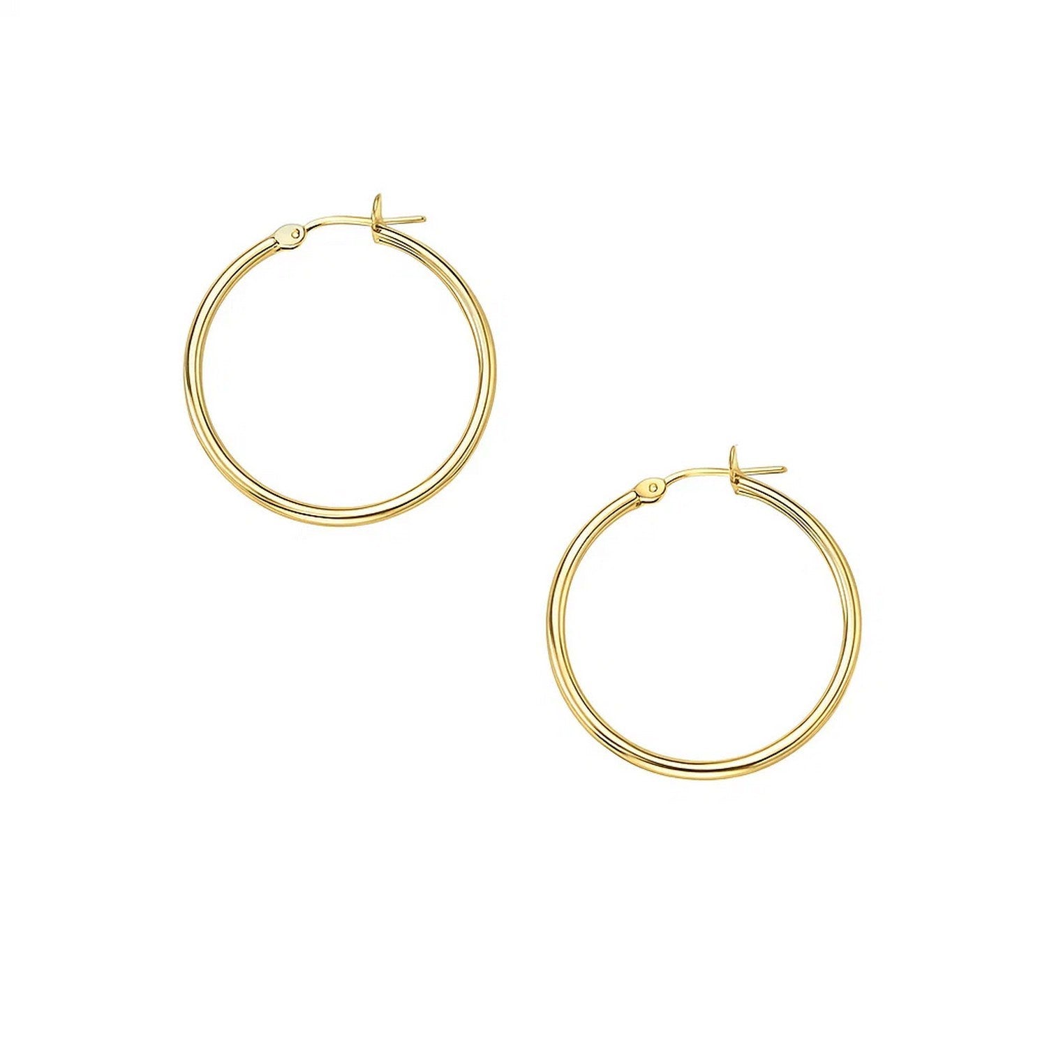 Pair of 10k yellow gold polished hoop earrings with snap lock backings.