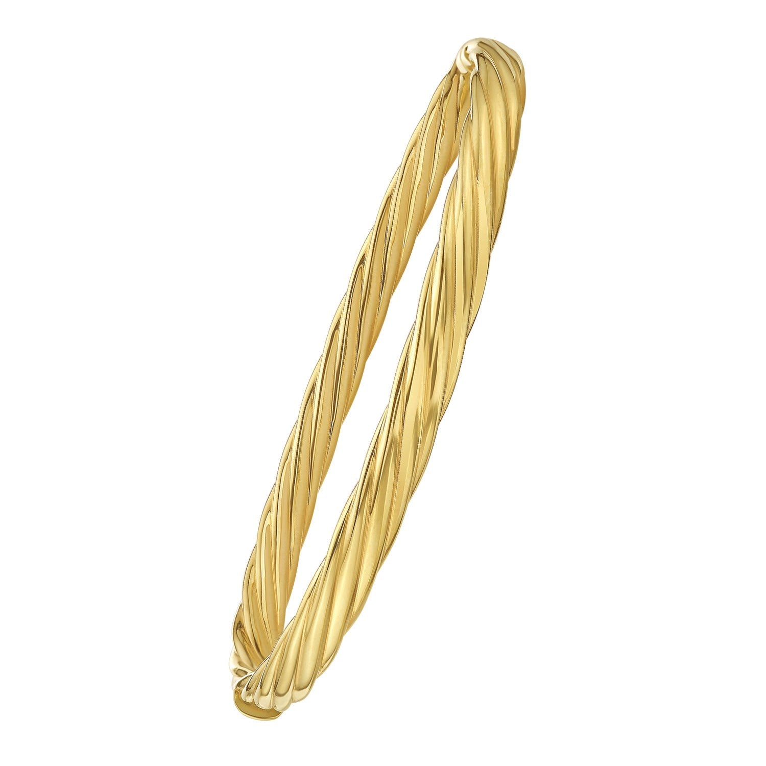 14k yellow gold twist bangle with a textured, twisted design.