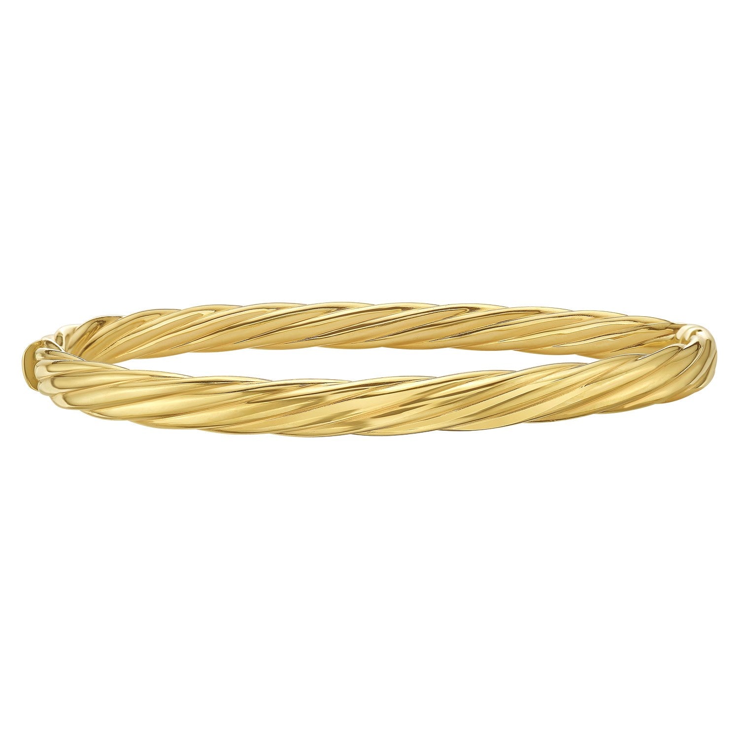 A 14k yellow gold twist bangle with a textured, twisted design.