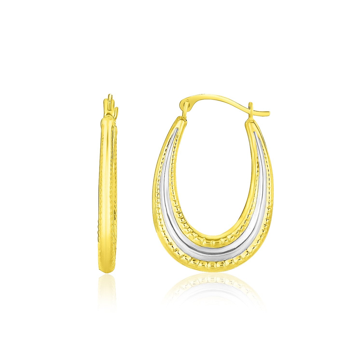 10k two-tone gold graduated textured oval hoop earrings with snapbacks.