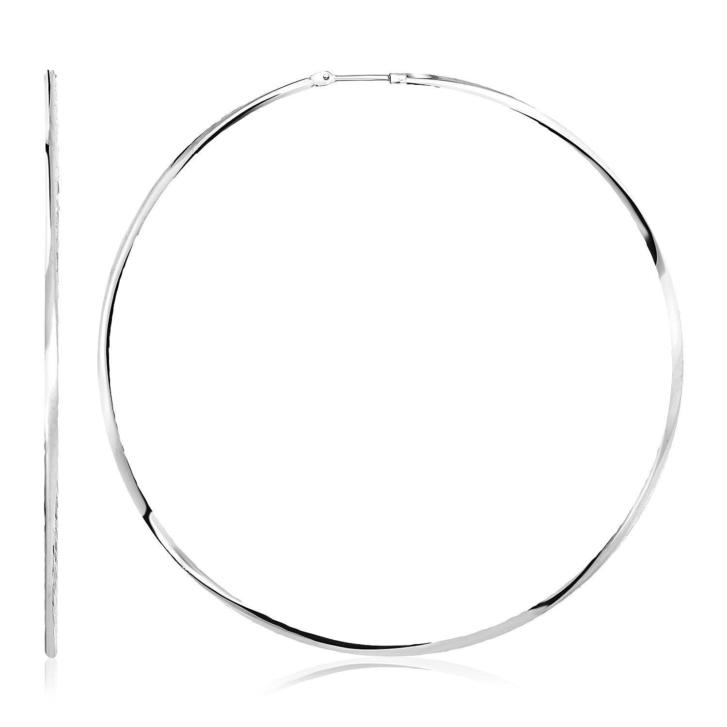 Large, polished sterling silver round hoop earrings with an endless clasp.