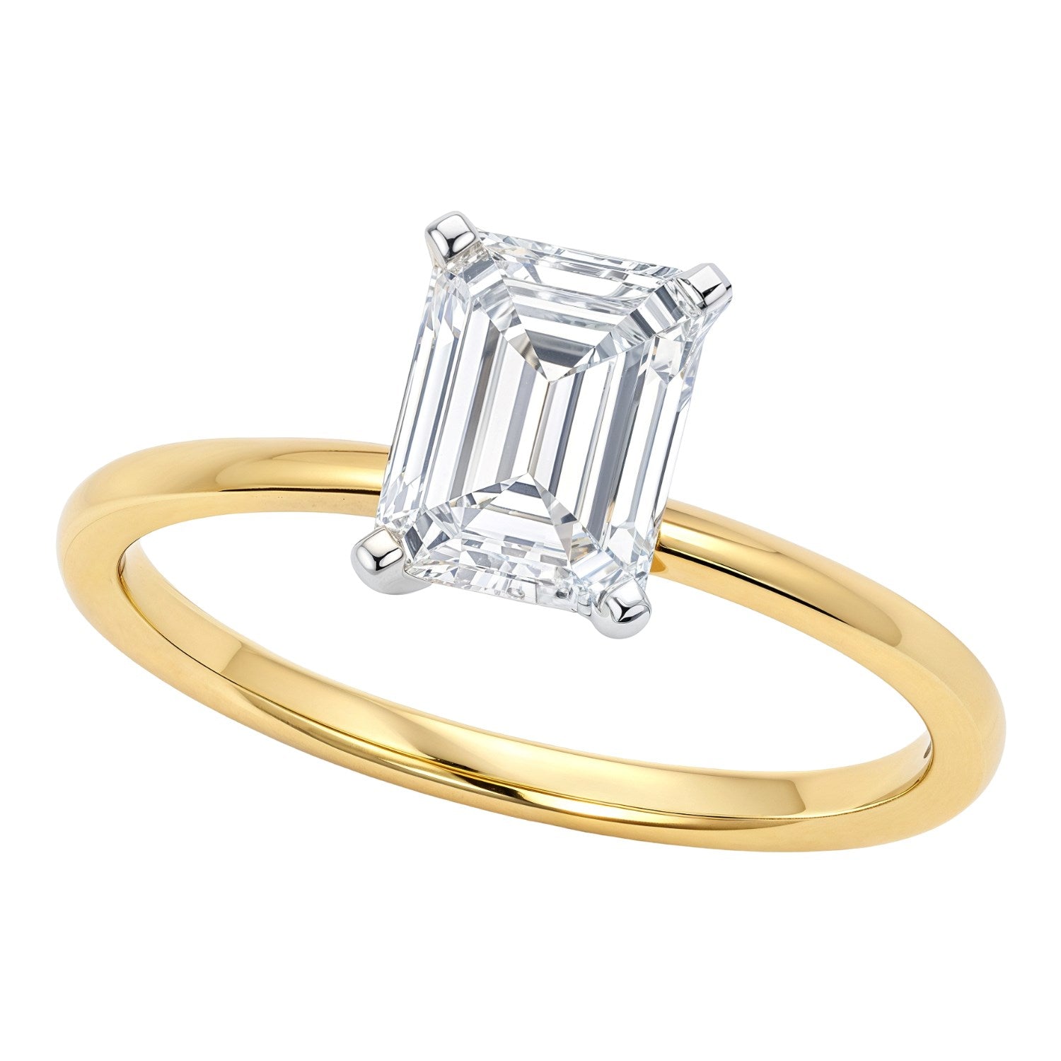 Emerald-cut lab-grown diamond solitaire ring with a yellow gold band.