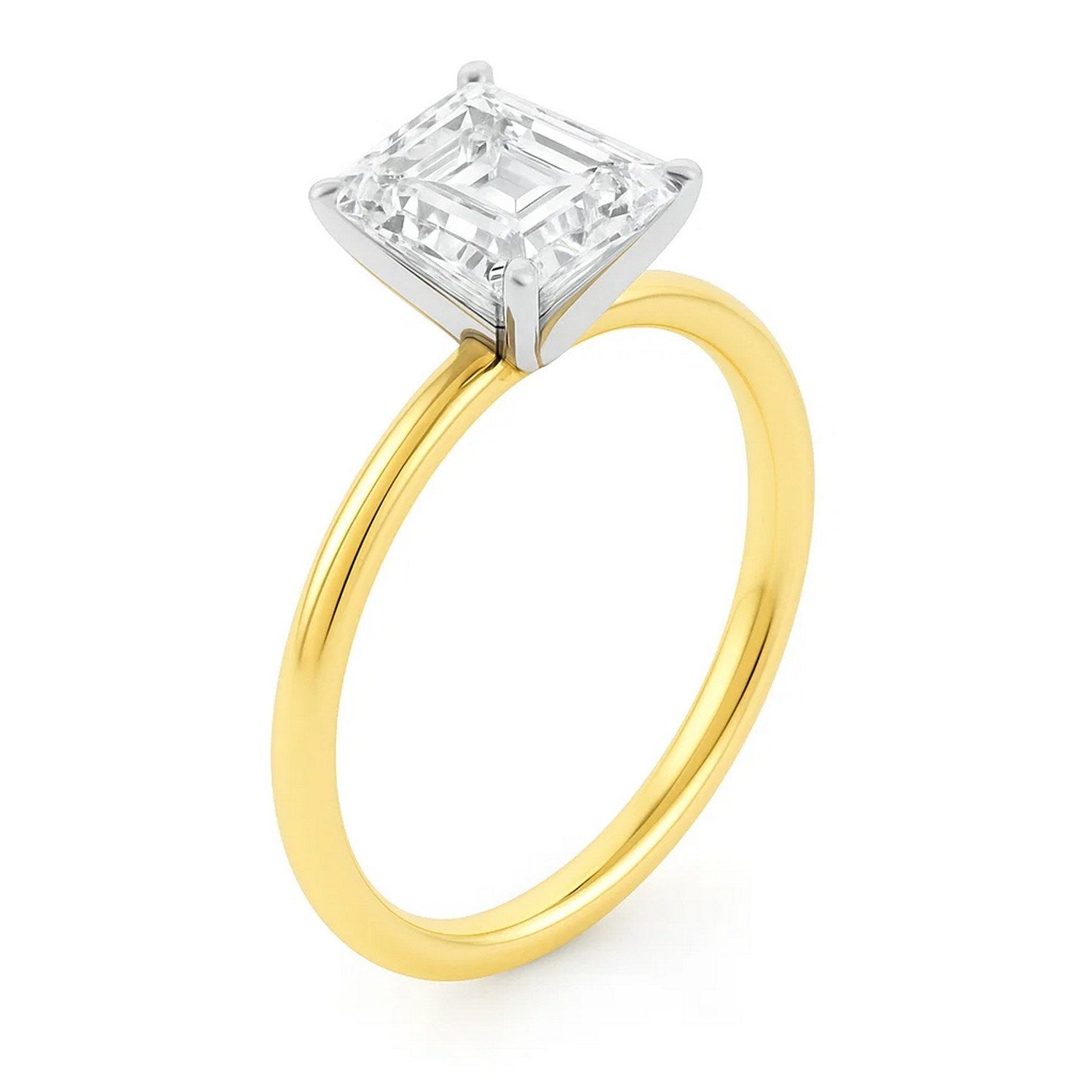 Emerald lab-grown diamond solitaire ring with a yellow gold band and white gold prongs.