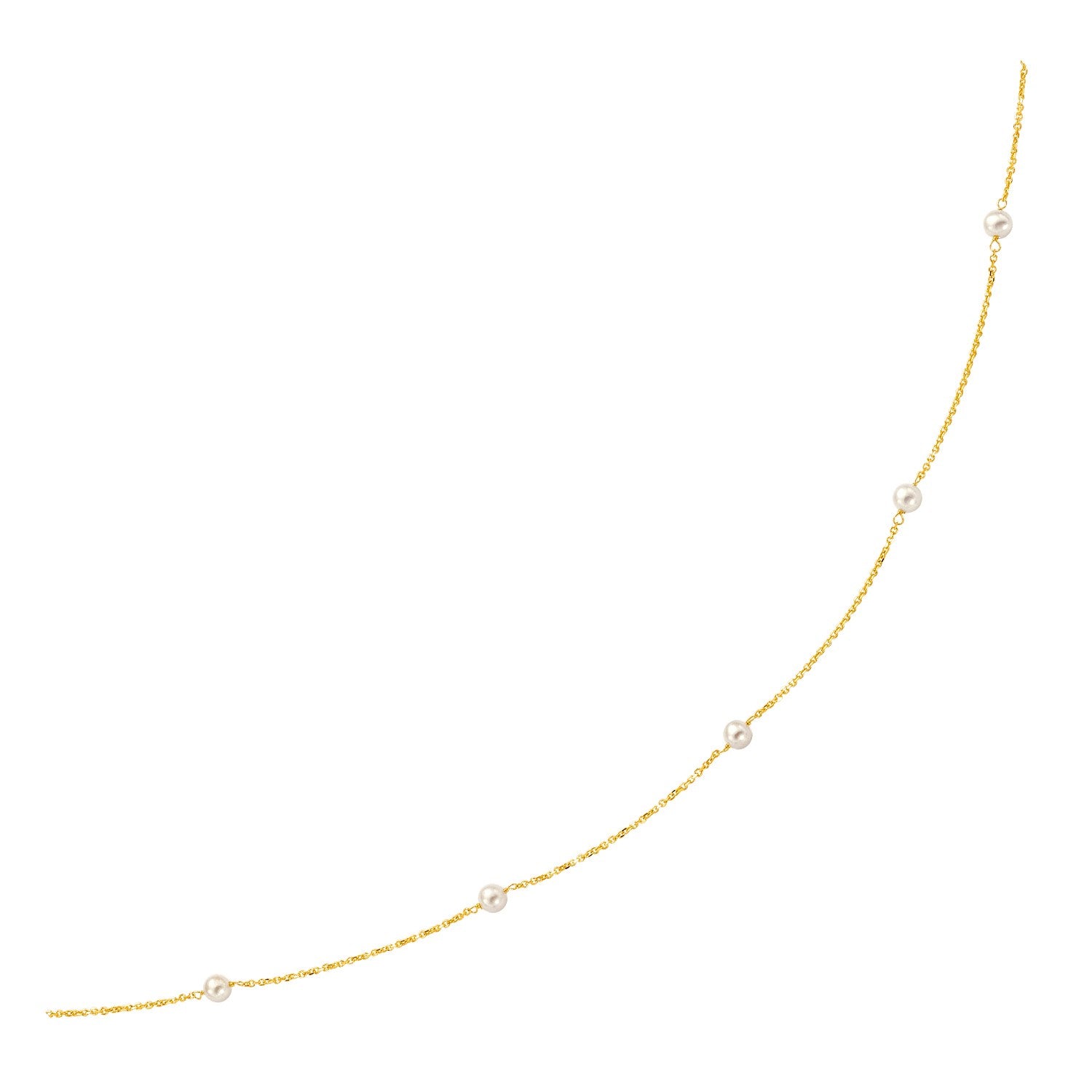 A 14k yellow gold necklace with seven white pearls spaced along a delicate chain.